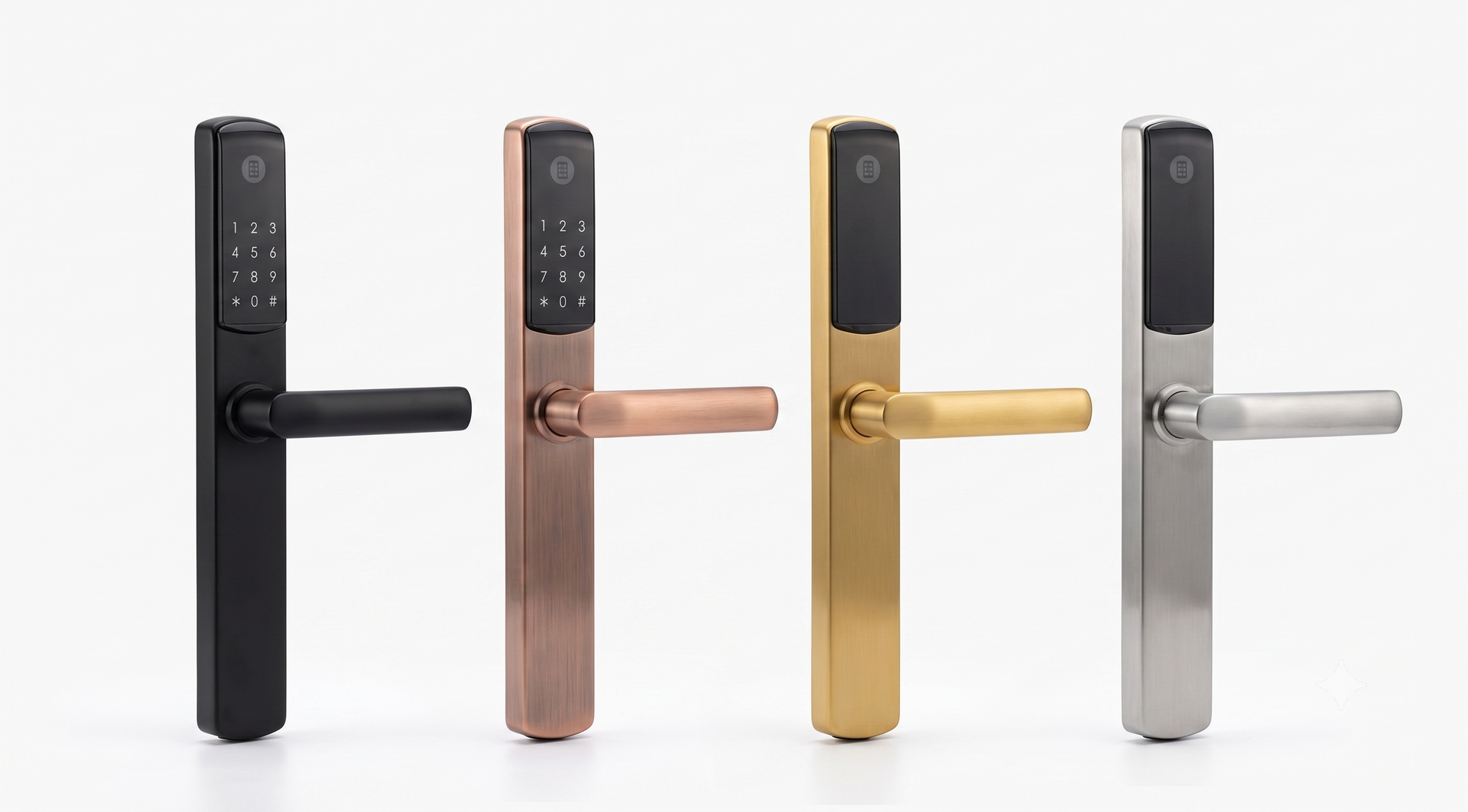 Four modern smart door handles in black, copper, gold, and silver finishes on a white background
