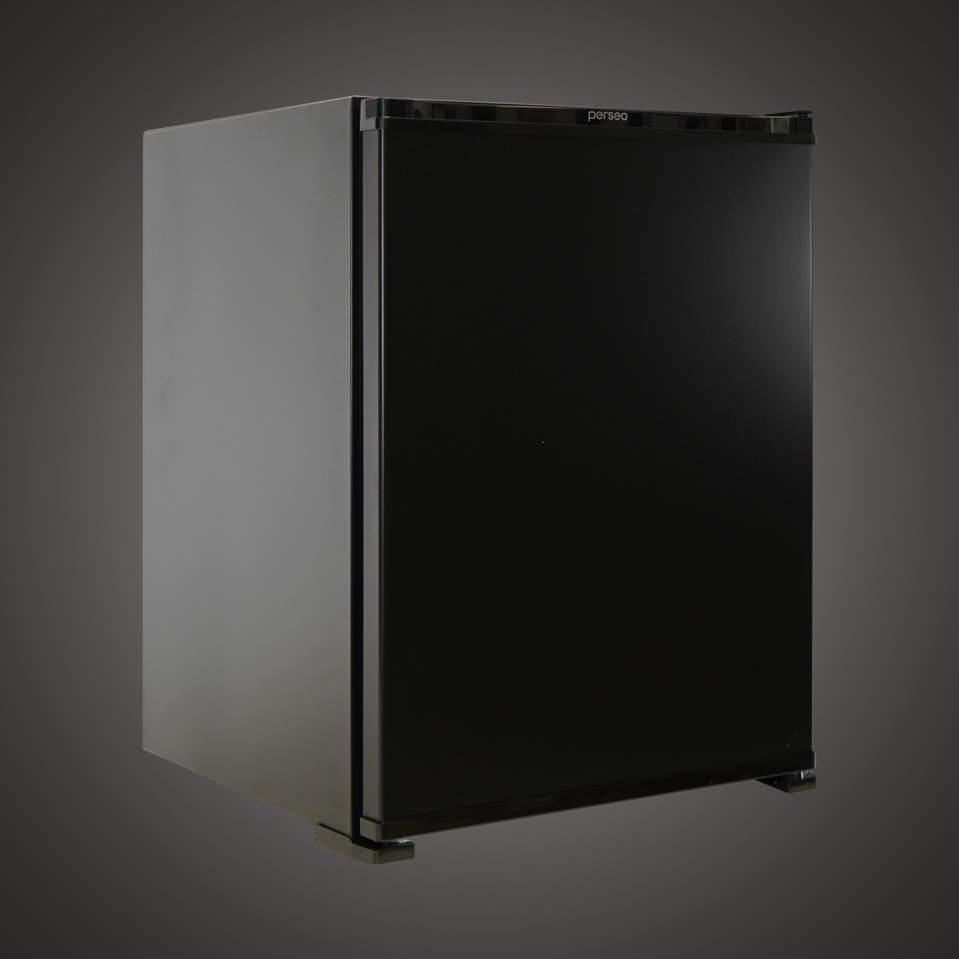 Compact black mini fridge with a gray side panel, shown against a dark background