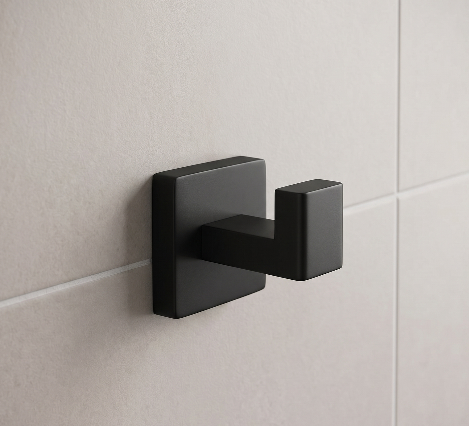 Black safe sitting on a light wood cabinet beside beige curtains.