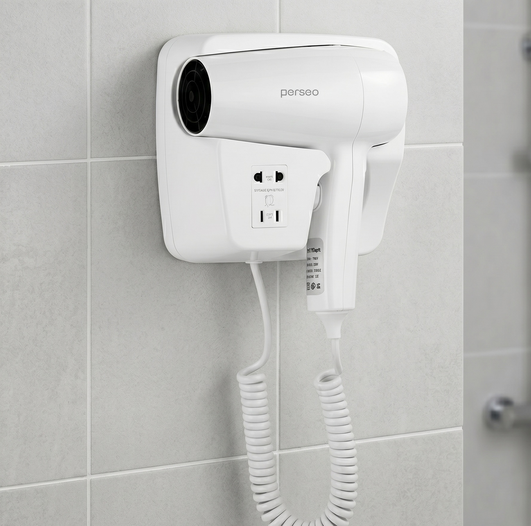 White wall-mounted hair dryer with a coiled cord in a tiled bathroom