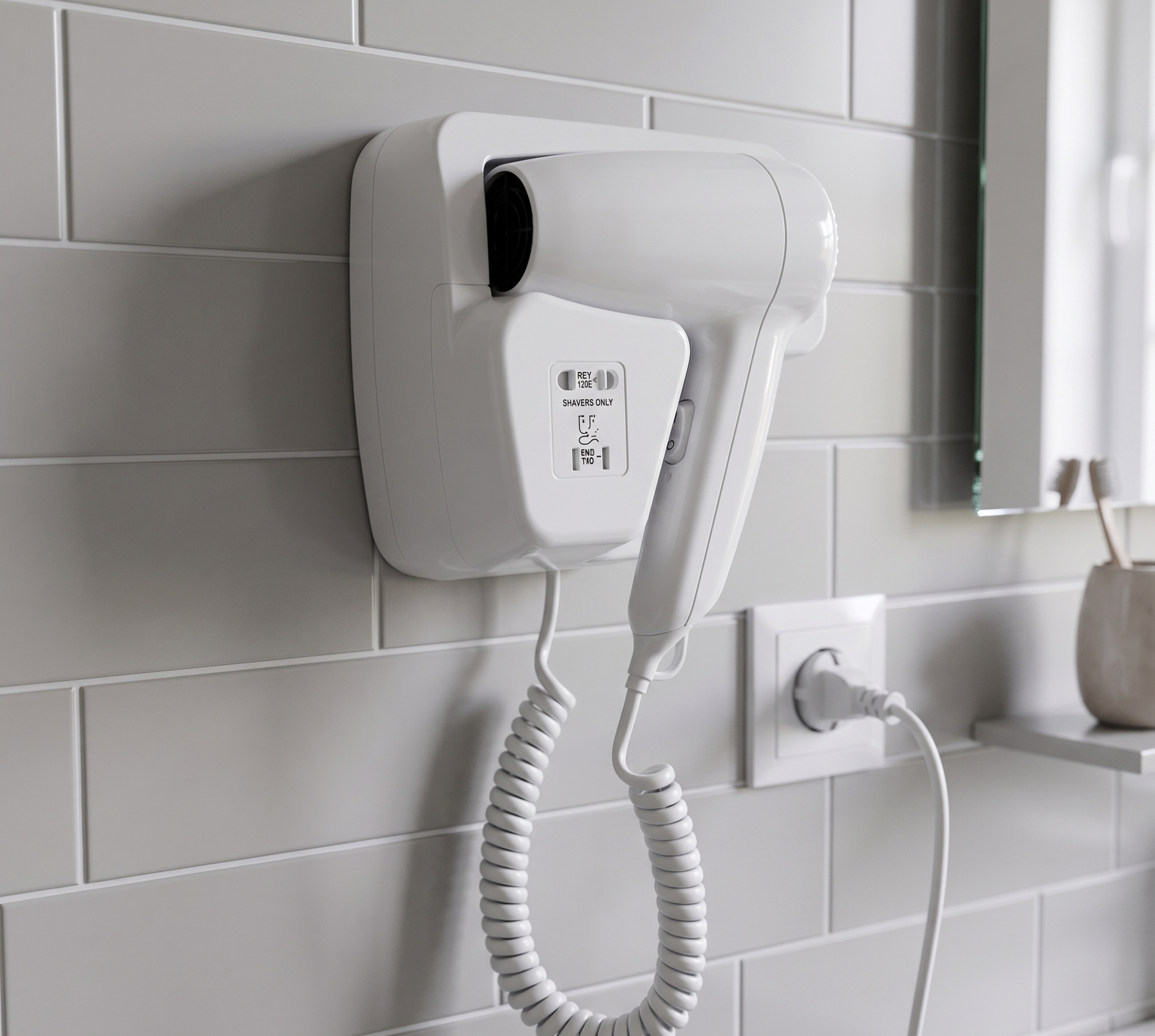 White wall-mounted hair dryer with coiled cord beside a bathroom outlet on gray tiled wall