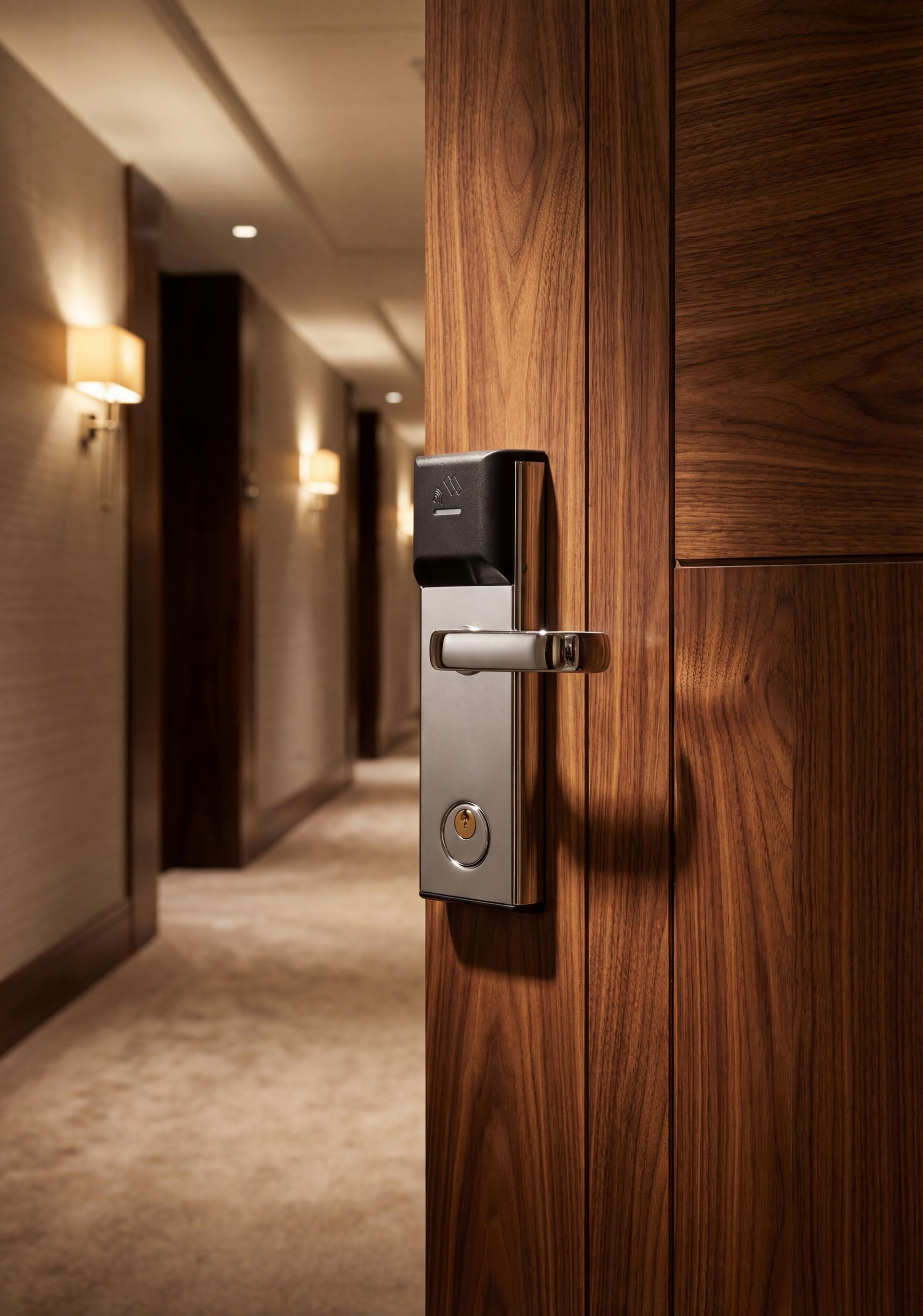 Hotel room door with electronic lock in a softly lit hallway