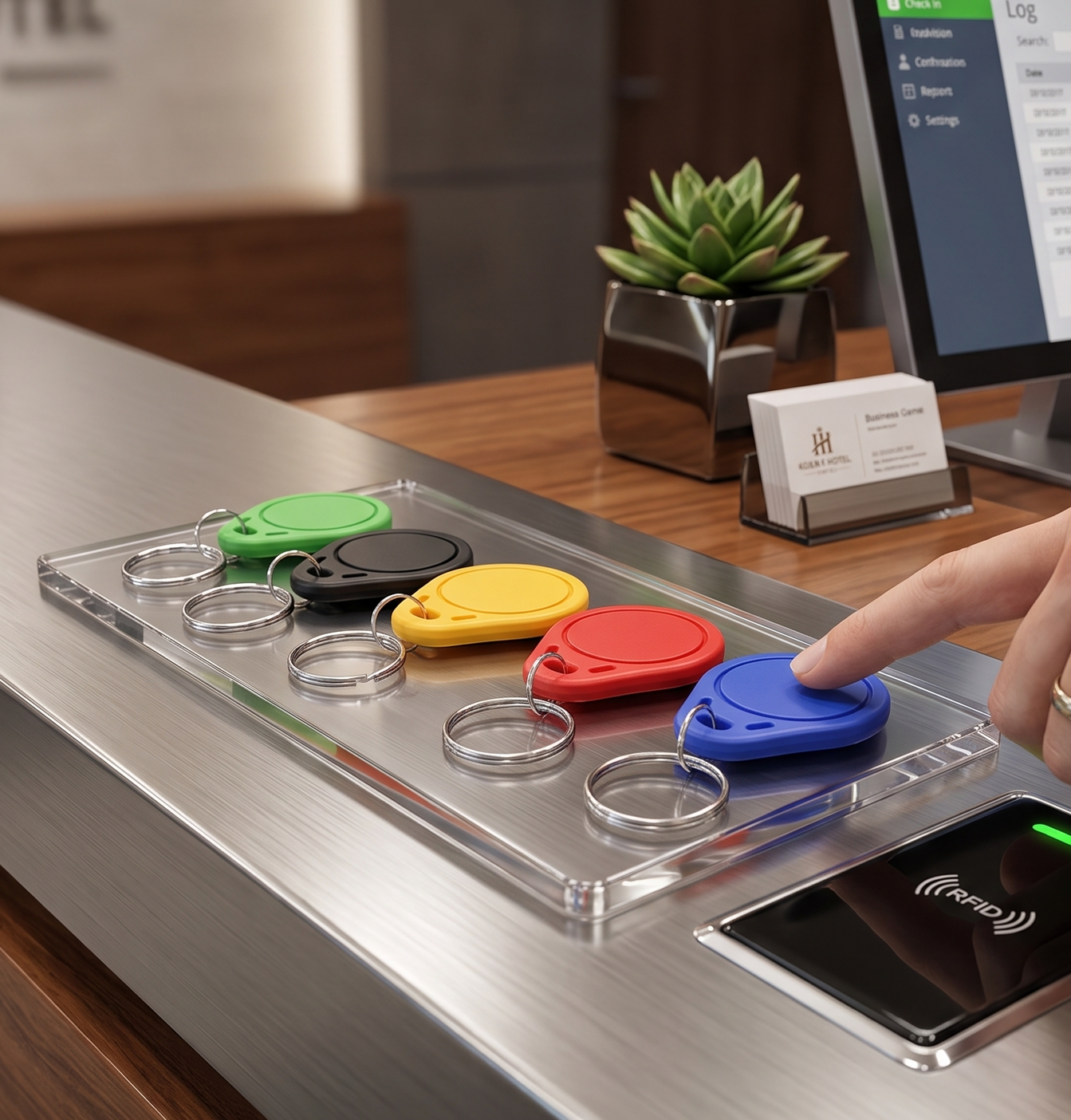 Finger pressing a blue RFID key fob on a transparent keypad with green, yellow, red, and blue fobs on a desk