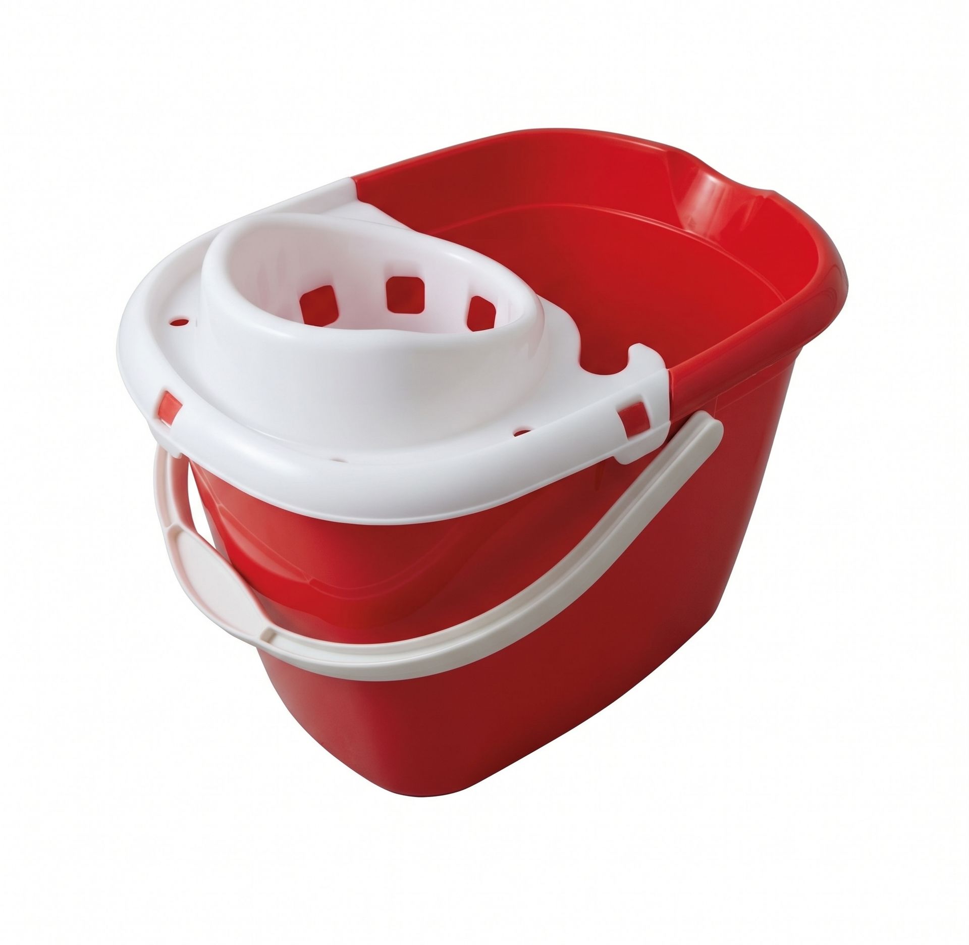 Red and white mop bucket with wringer and metal handle