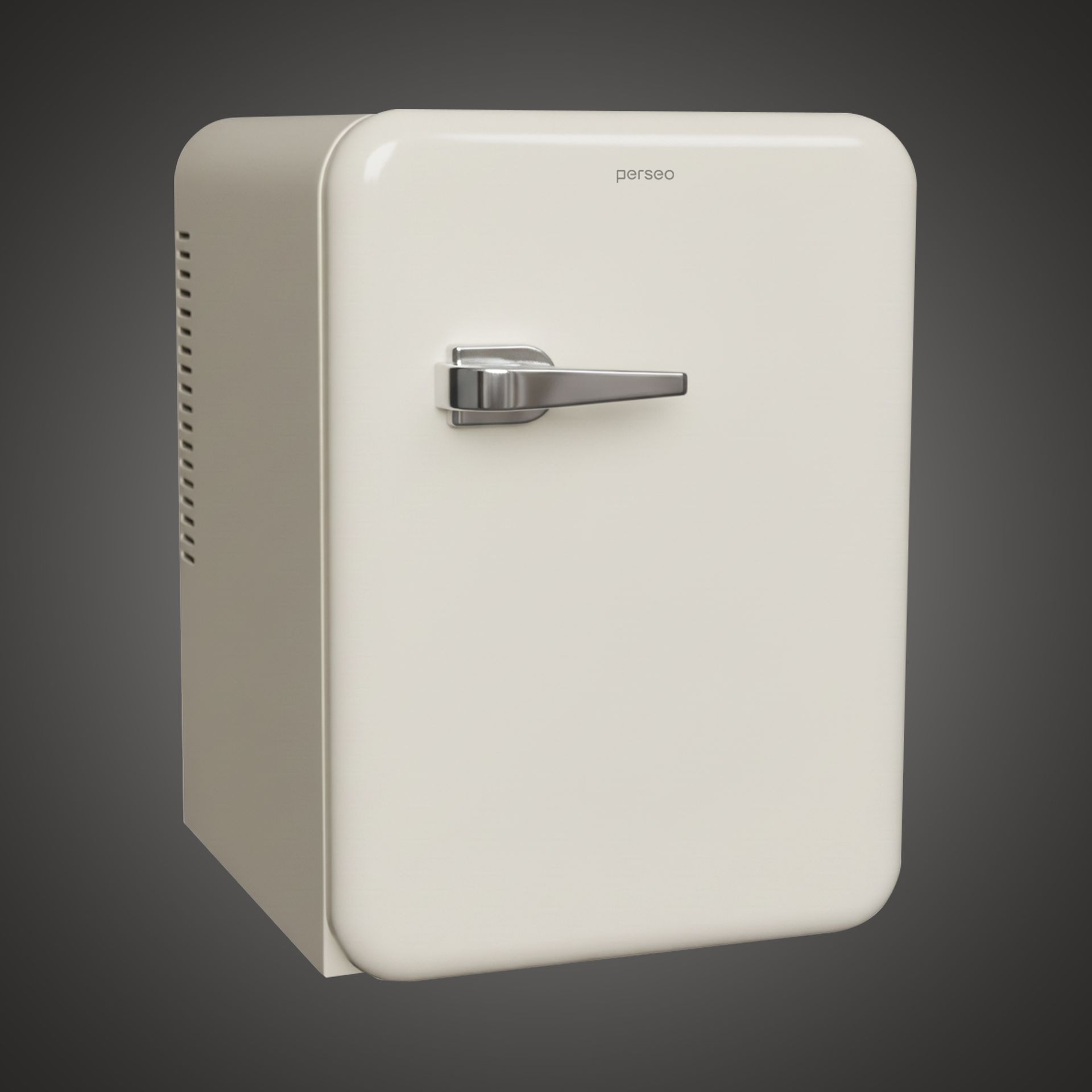 Cream retro mini refrigerator with chrome handle on a gray background