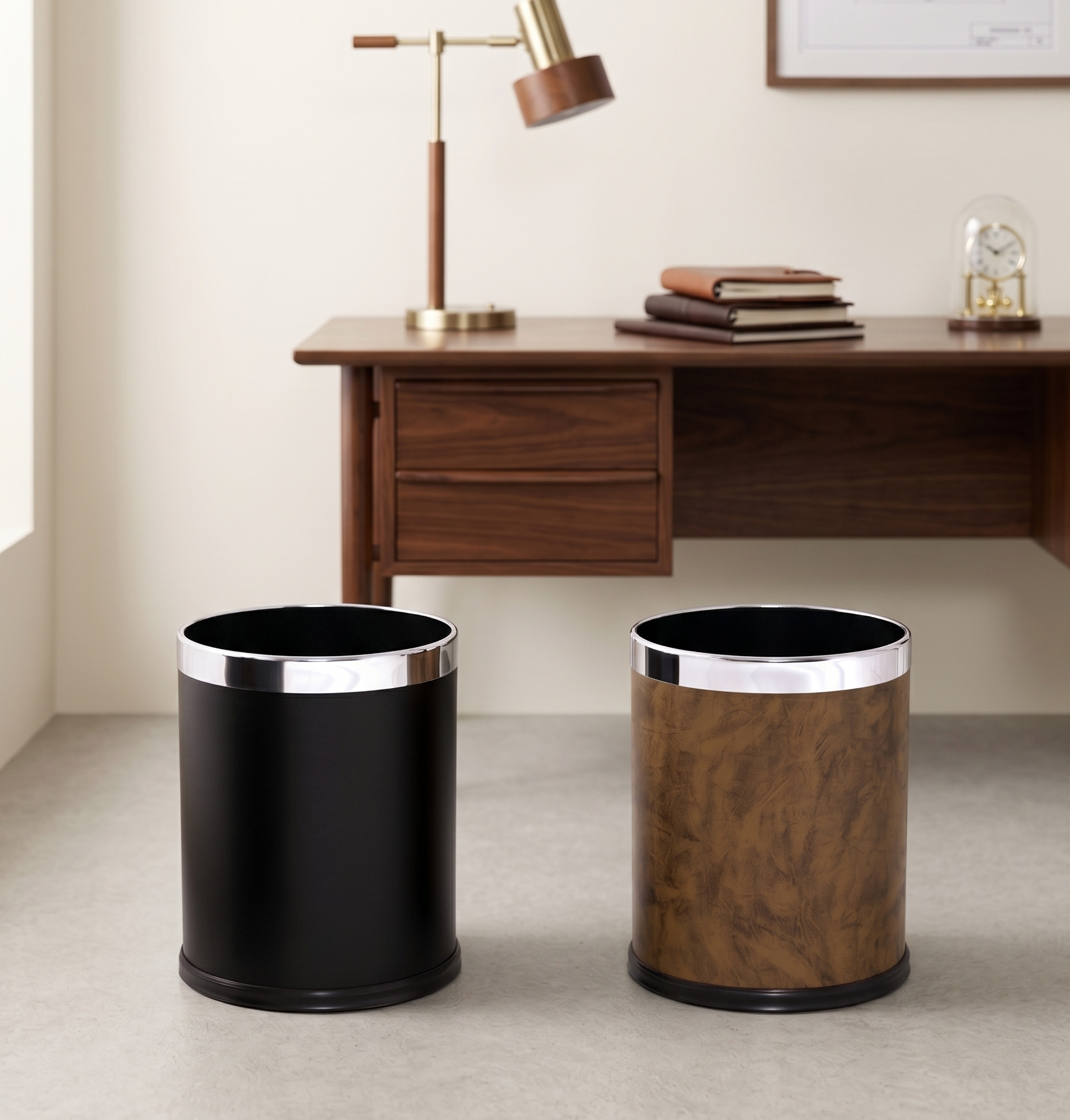 Two cylindrical trash bins, one black and one brown, in a modern office corner