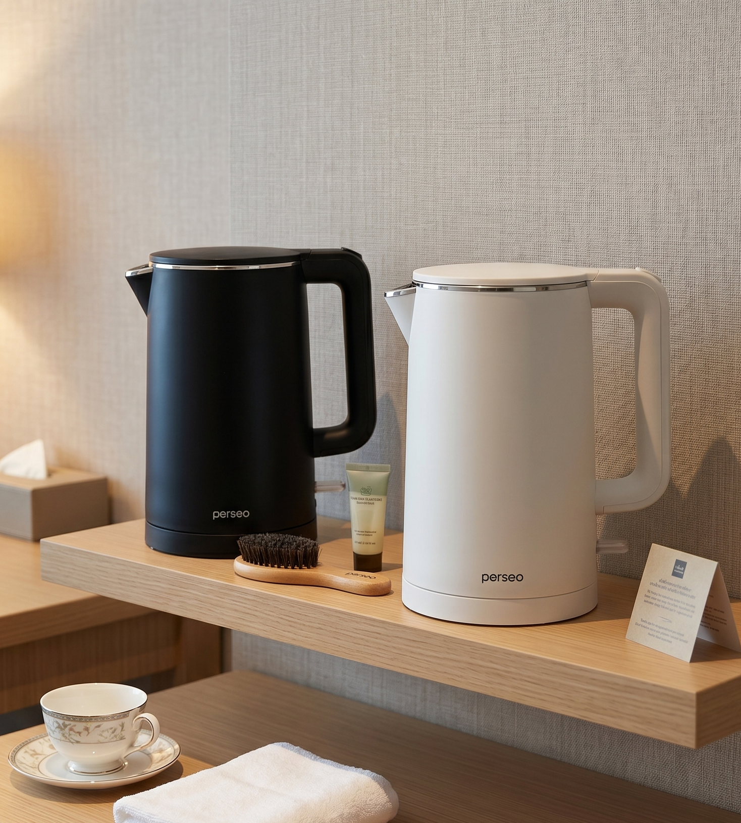 Two electric kettles, one black and one white, displayed on a wooden shelf with cups and a tray.