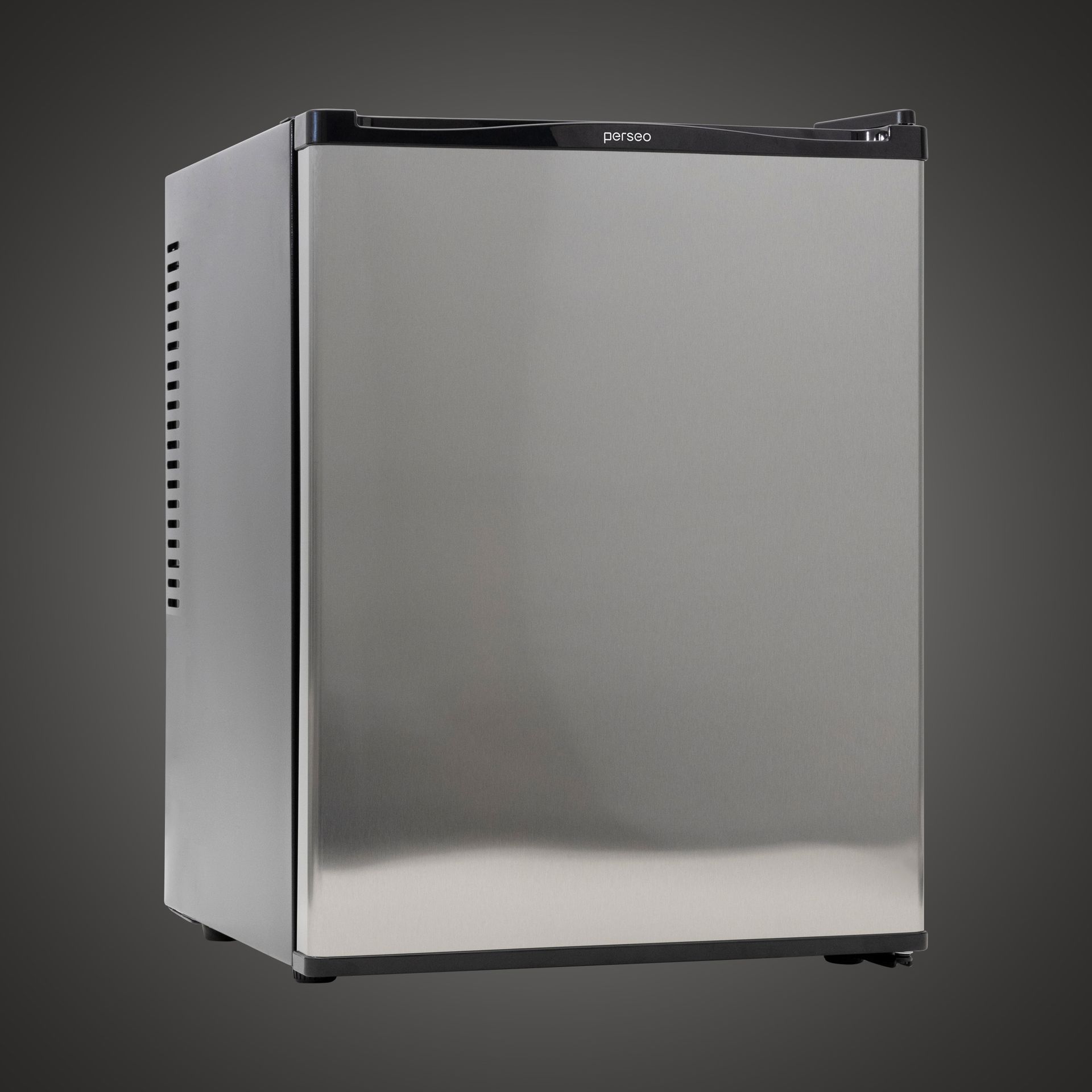 Stainless steel mini fridge with a black top against a gray background