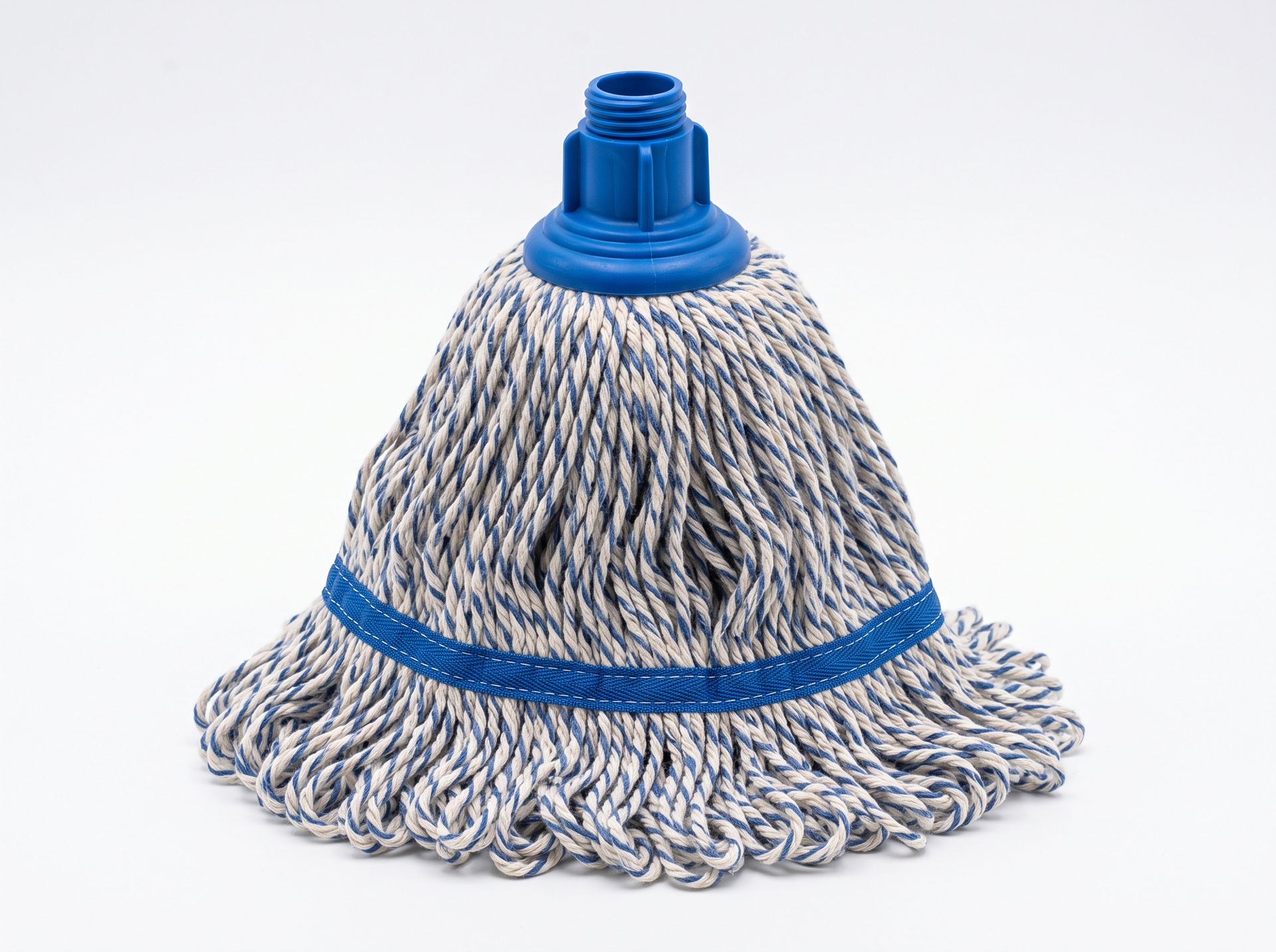 Blue mop head with gray-and-white strands and a blue plastic connector