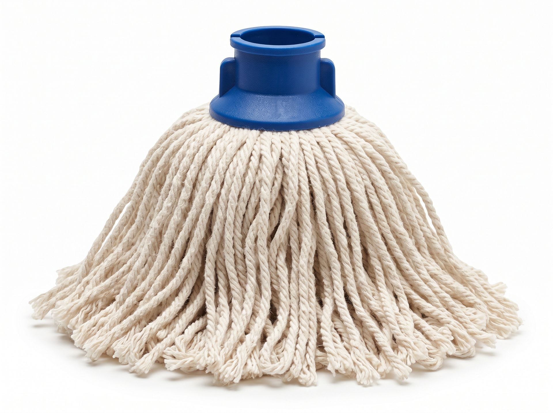 Blue mop head with cream cotton strands on a white background
