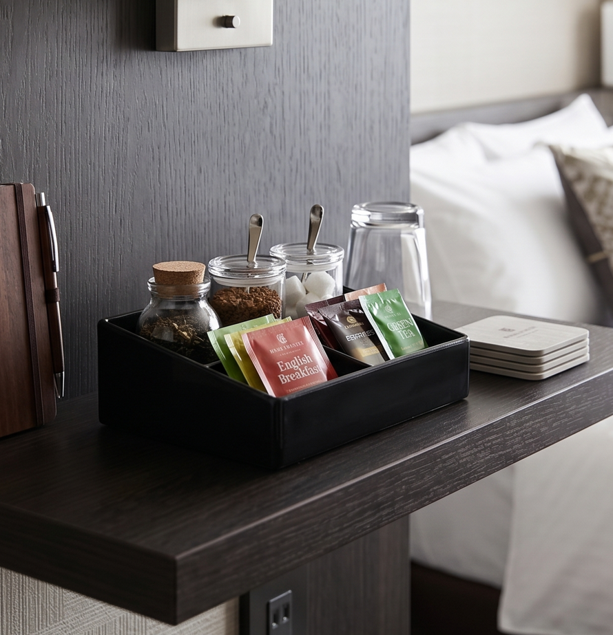 Hotel bedside tray with tea, coffee, glass, and tissues on a dark table beside a bed
