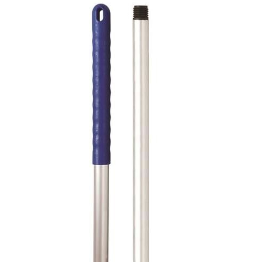 Blue-handled silver mop or broom handle shown front and side views