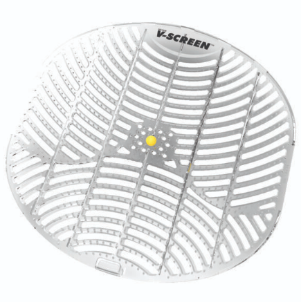 Round urinal guard with curved slats and a small yellow centre