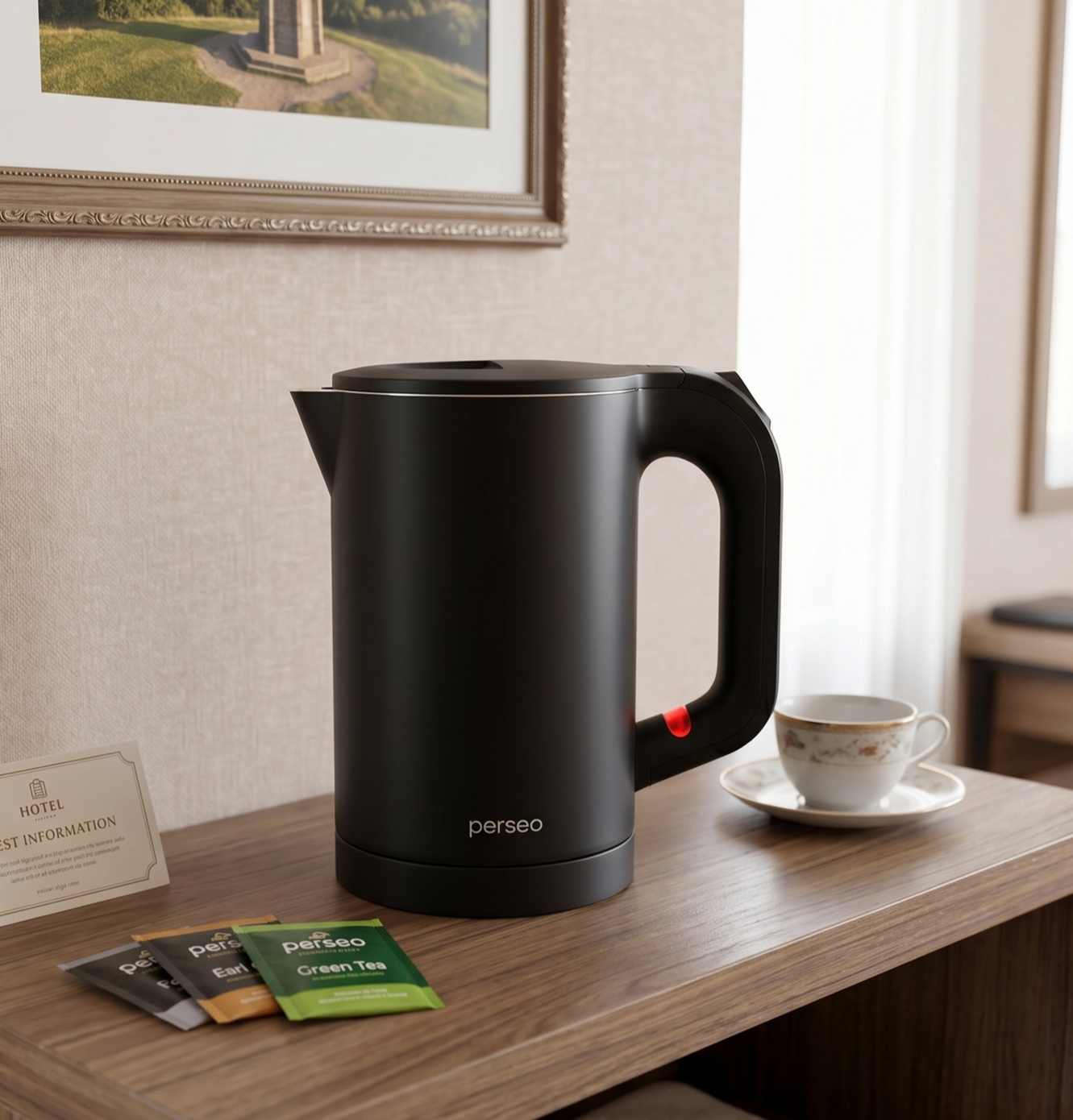 Black electric kettle on a wooden console beside a teacup and sachets in a cozy room