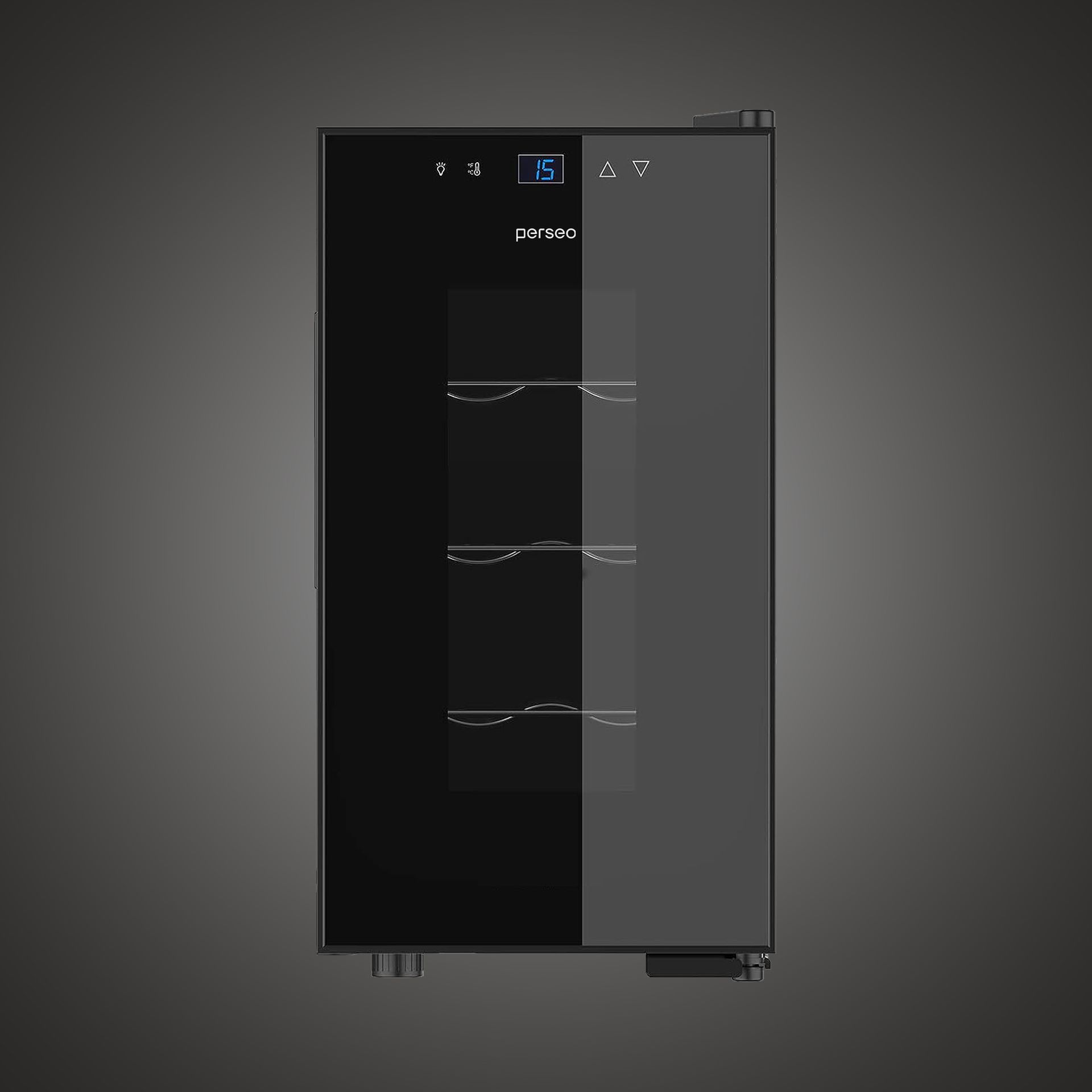 Sleek black and gray refrigerator with glass door, shown front view on a plain background