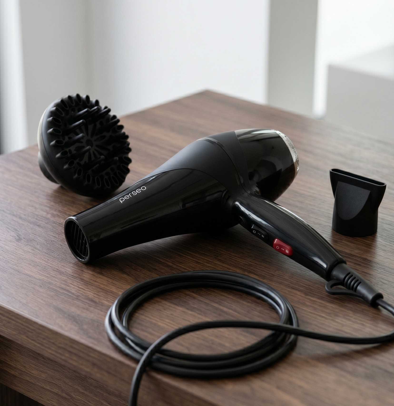 Black hair dryer with diffuser and concentrator nozzle on a wooden table