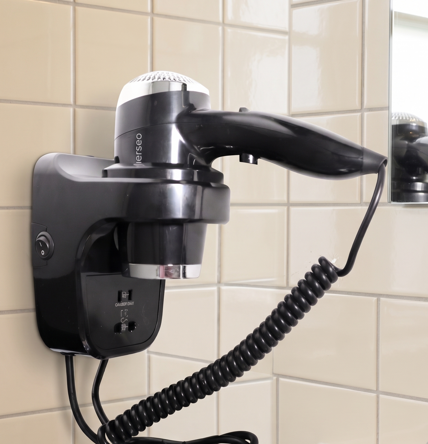 Wall-mounted black hair dryer with coiled cord in a tiled bathroom