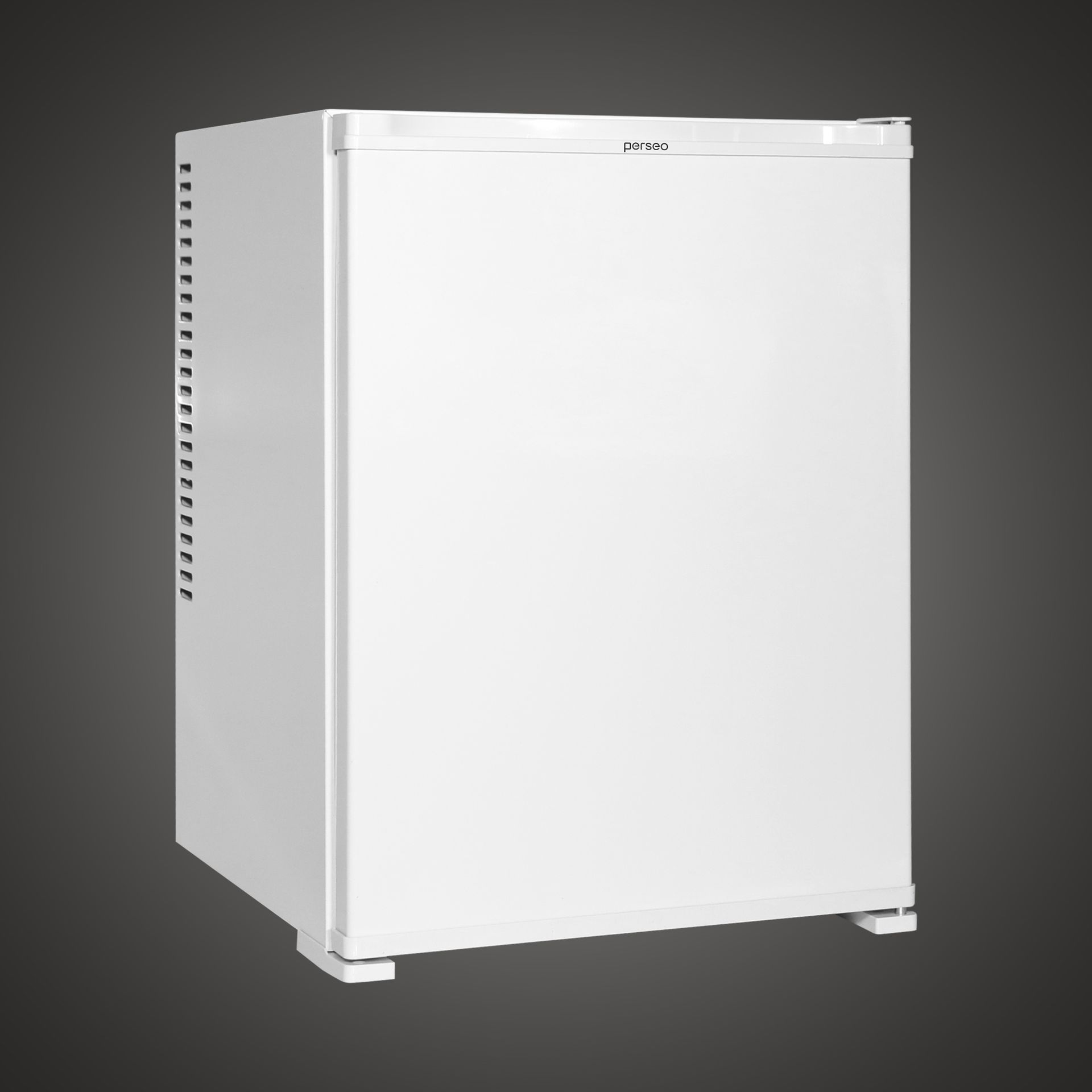 White compact mini fridge on a dark background