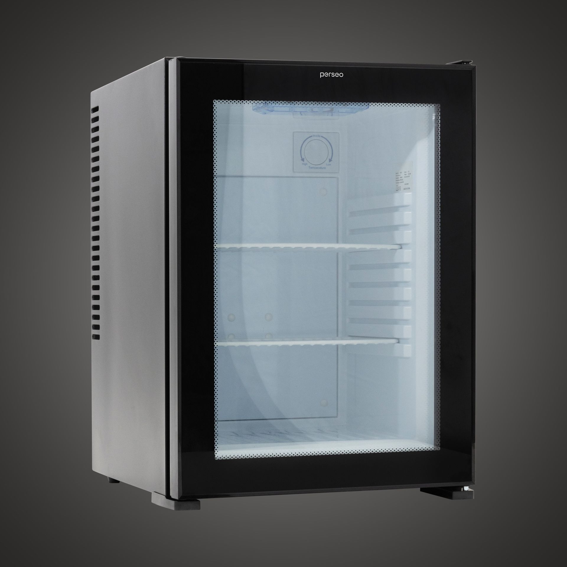 Compact black mini fridge with a glass door and white interior shelving.