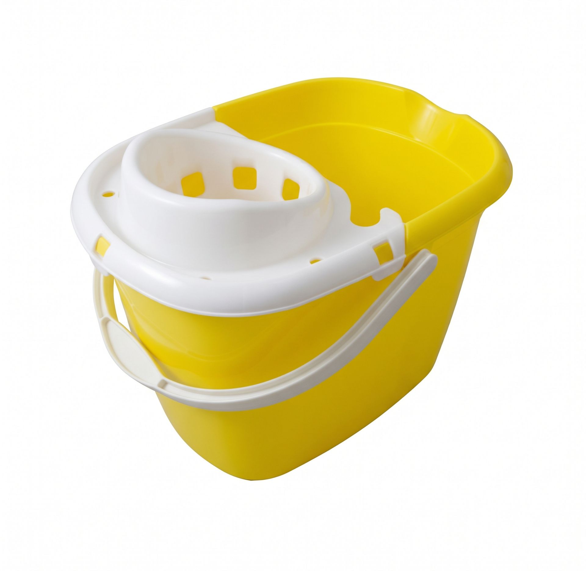 Yellow cleaning bucket with white wringer and handle