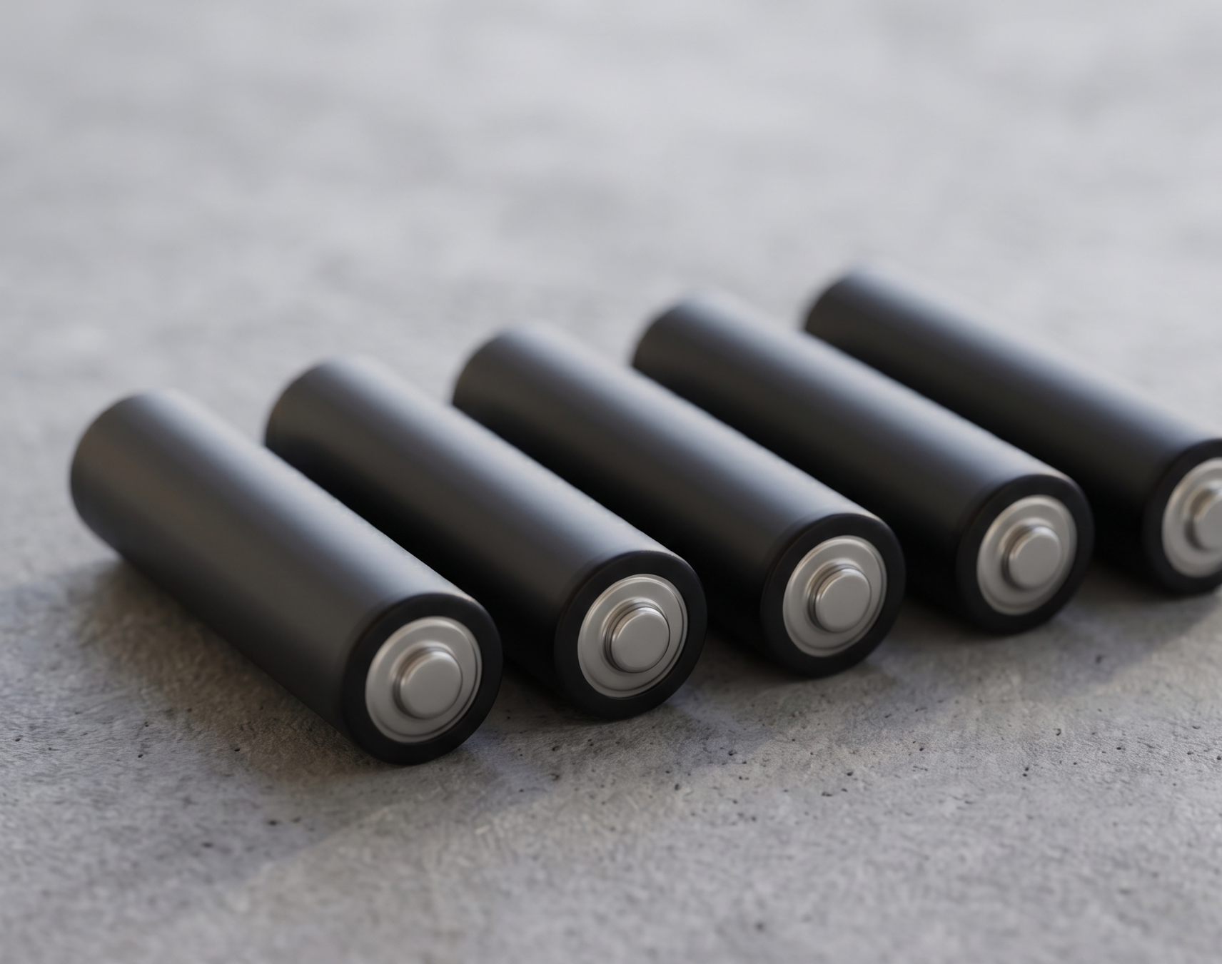 Five black cylindrical batteries lying on a gray surface, viewed at an angle.