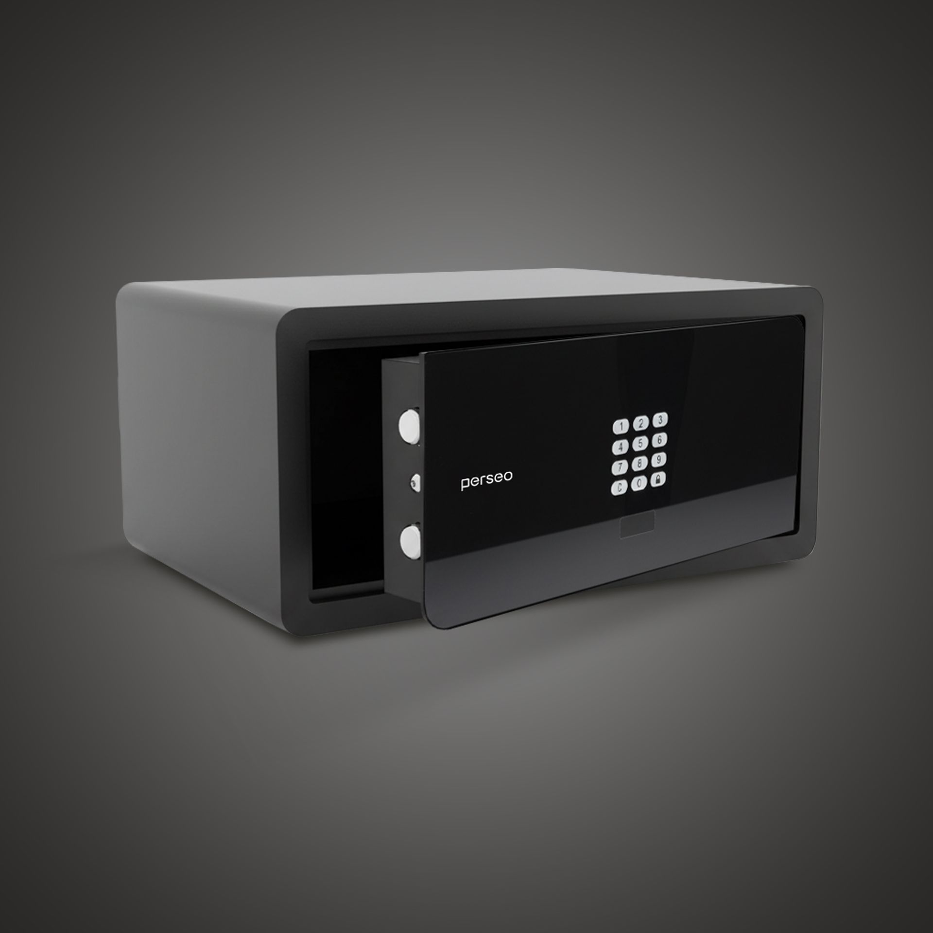Black security safe with digital keypad and open door on a gray background