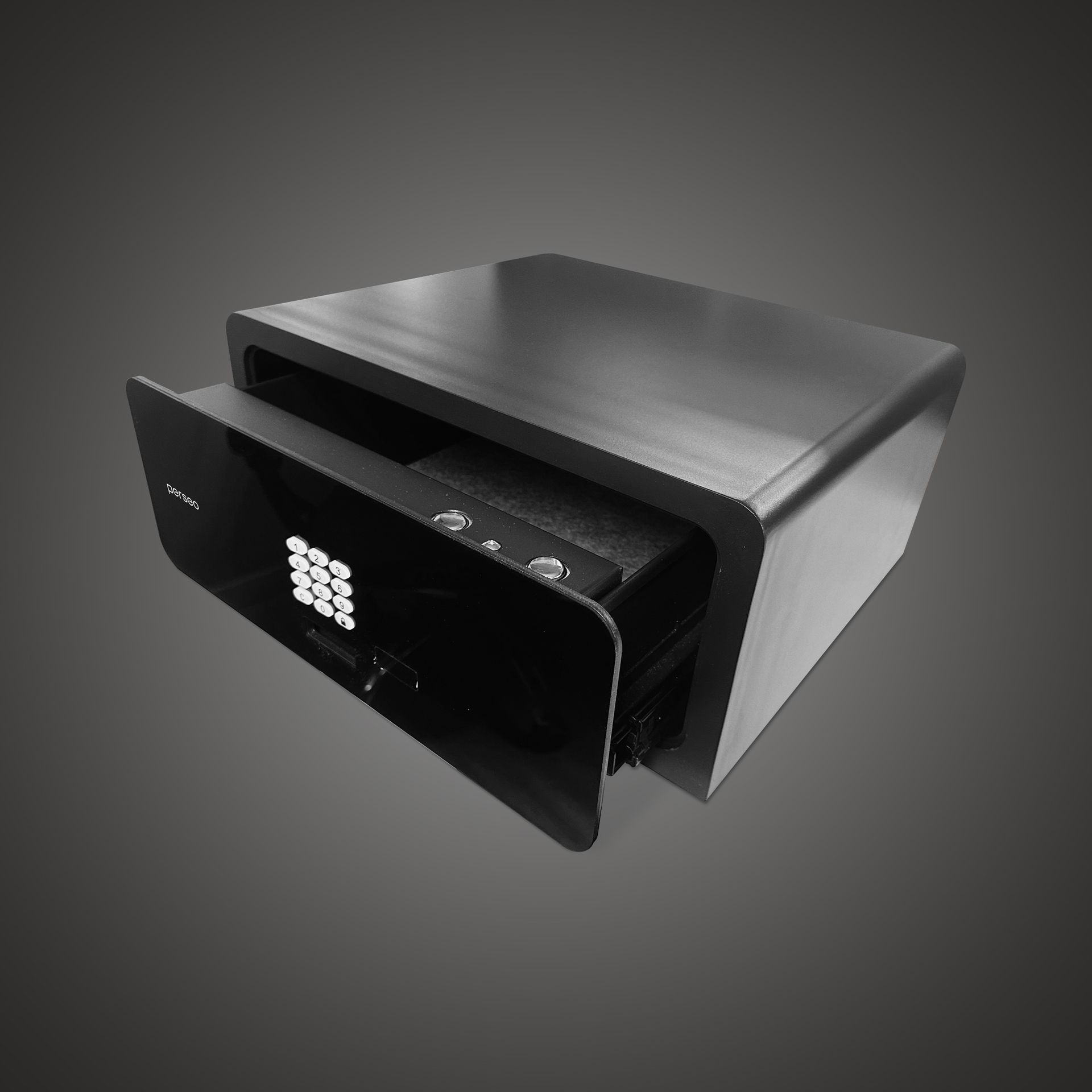 Black digital safe with keypad and open door, angled on a gray background