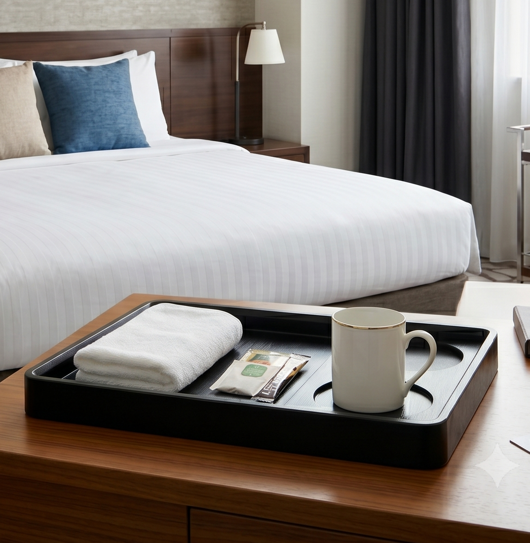 Hotel room with a neatly made bed and a tray holding towels, a mug, and a newspaper on a wooden table