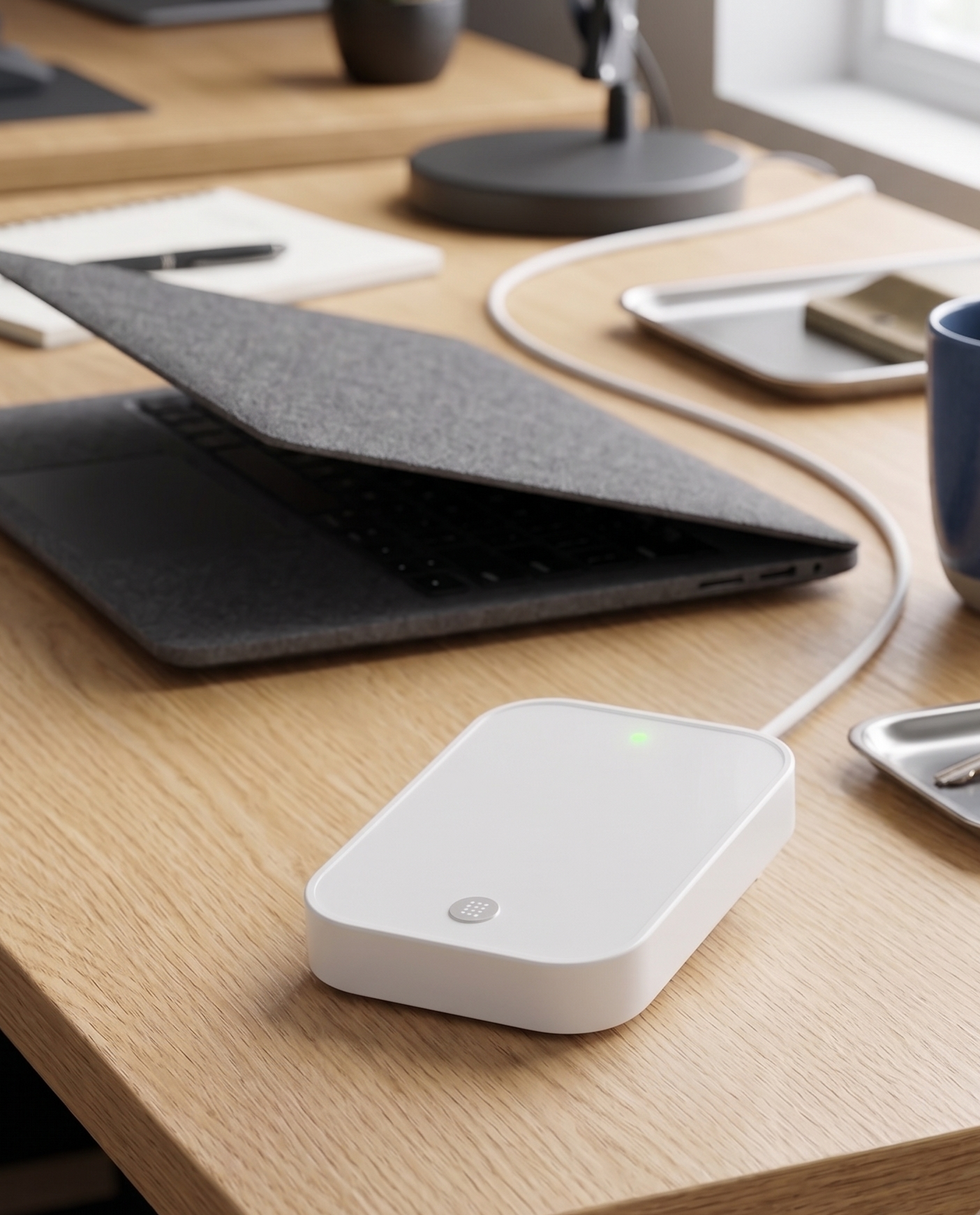 White wireless charger on a wooden desk beside a laptop, phone, and tablet in a bright office.