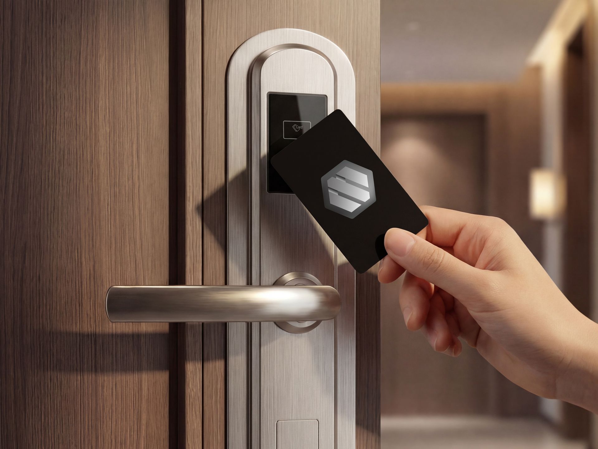 Hand using a black keycard to unlock a modern door lock, with a silver handle.