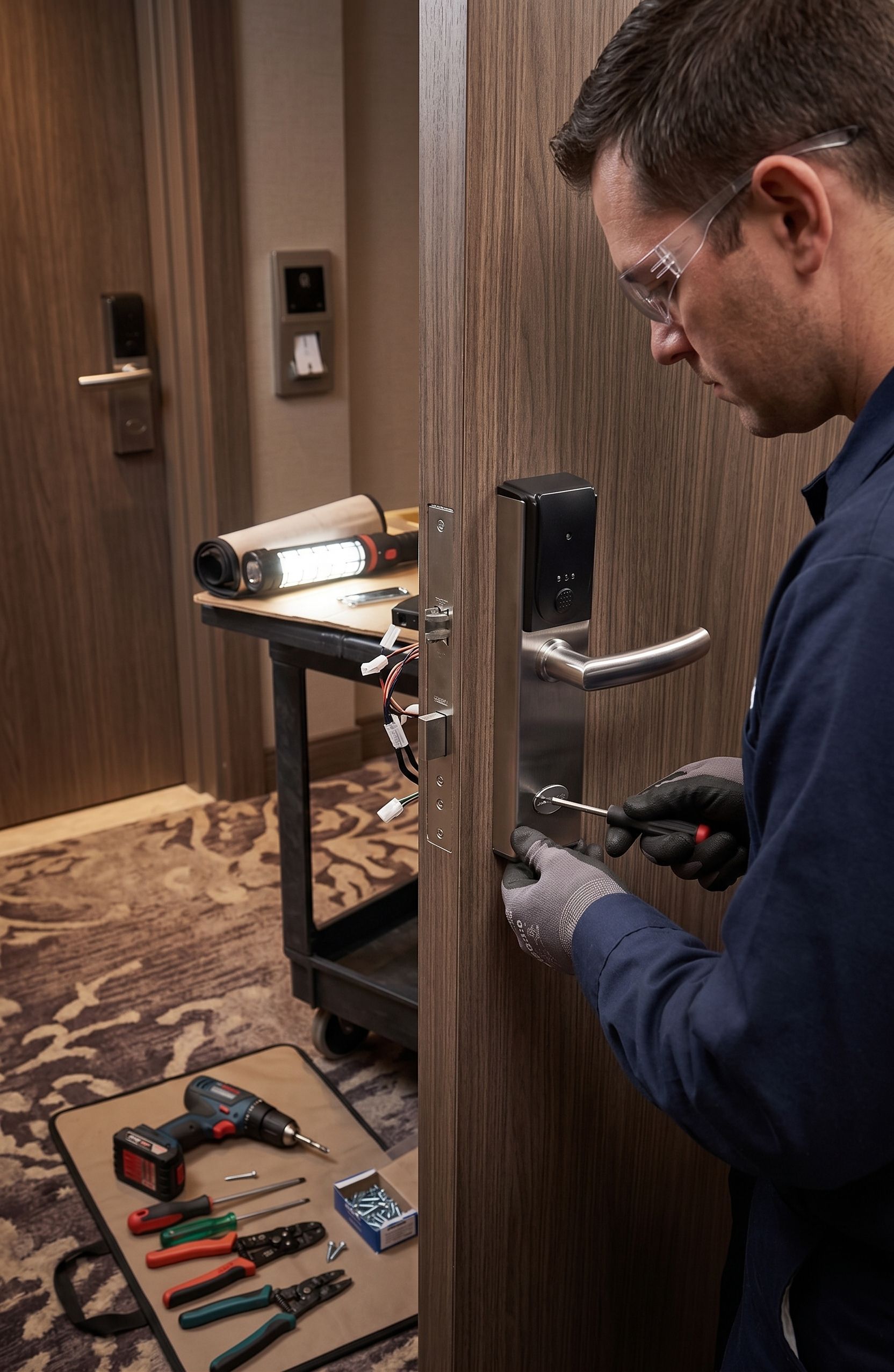 Person using tools to adjust a door lock in a wood-paneled hallway