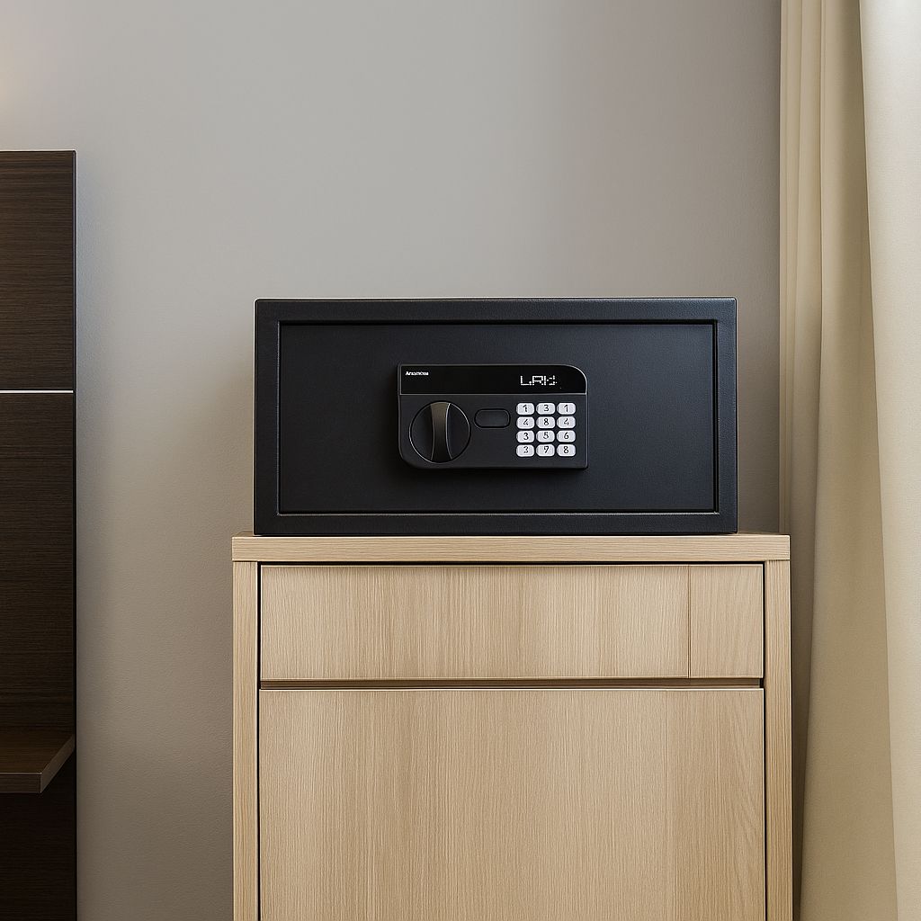 Black safe sitting on a light wood cabinet beside beige curtains.