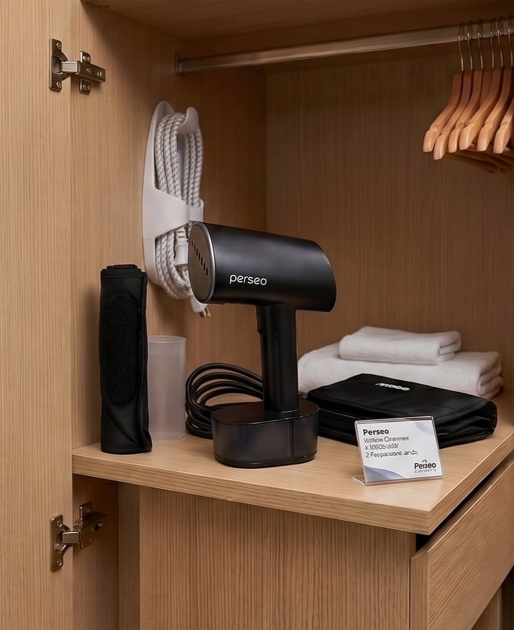 Vertical iron and neatly folded towels on a wooden hotel closet shelf with hangers above.