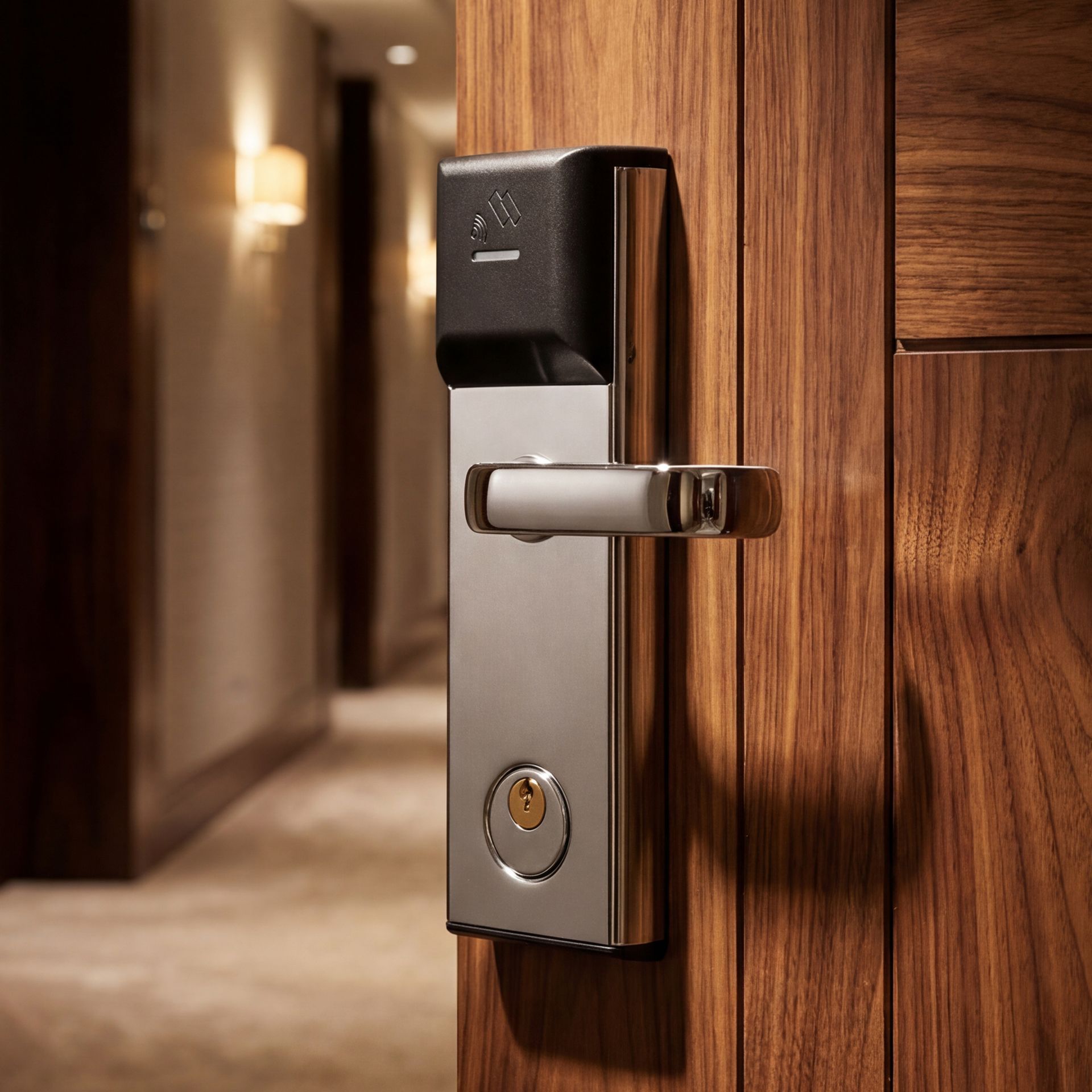 Modern hotel door lock with silver handle on a wooden door in a hallway