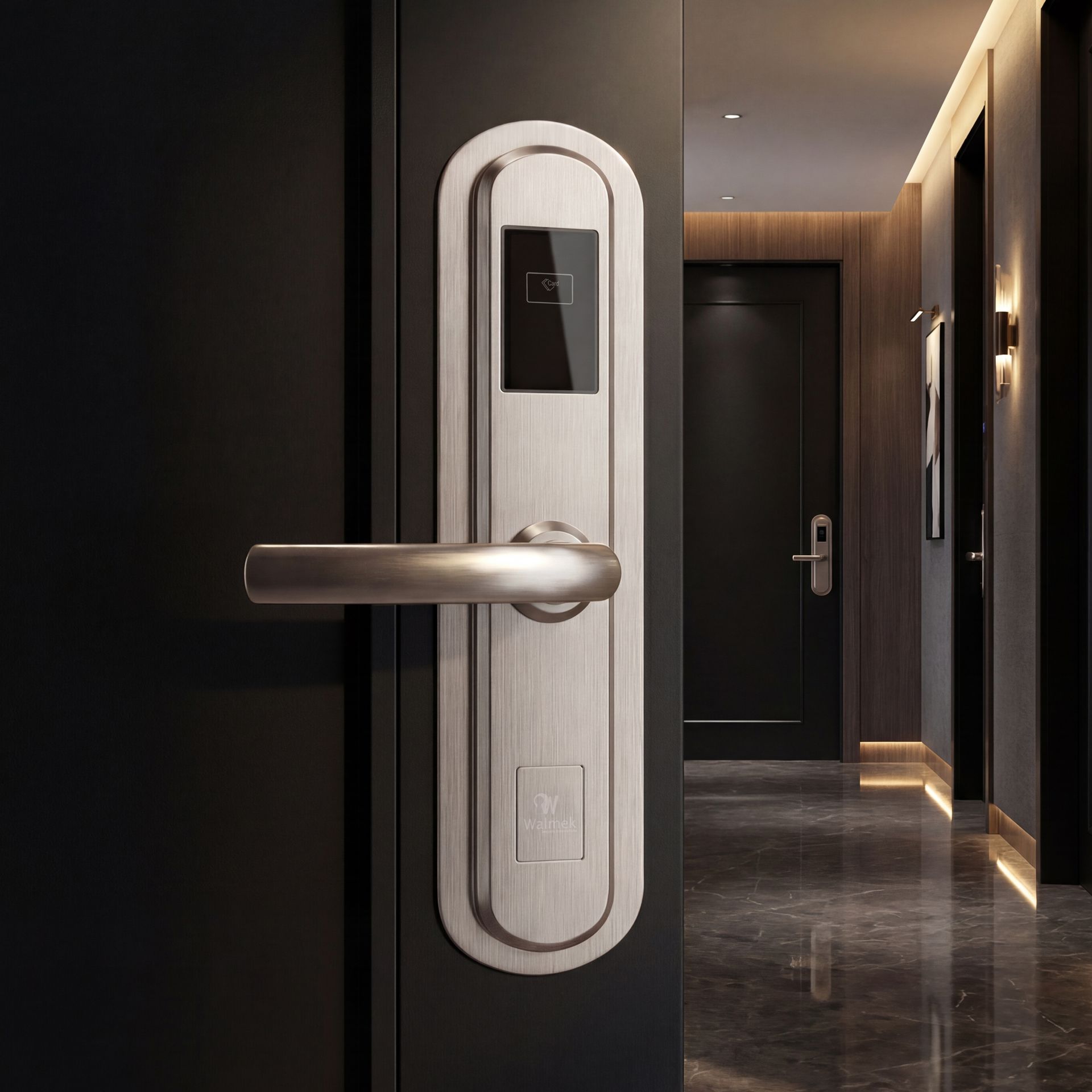 Modern hotel hallway door with a silver lock and handle, viewed close up.