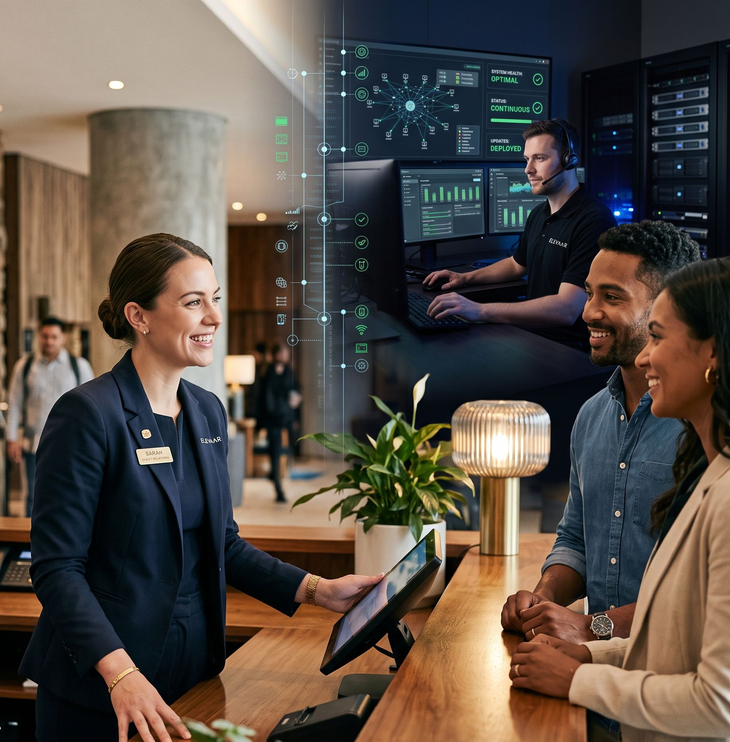 Hotel reception desk with staff assisting two smiling guests in a modern lobby with digital displays