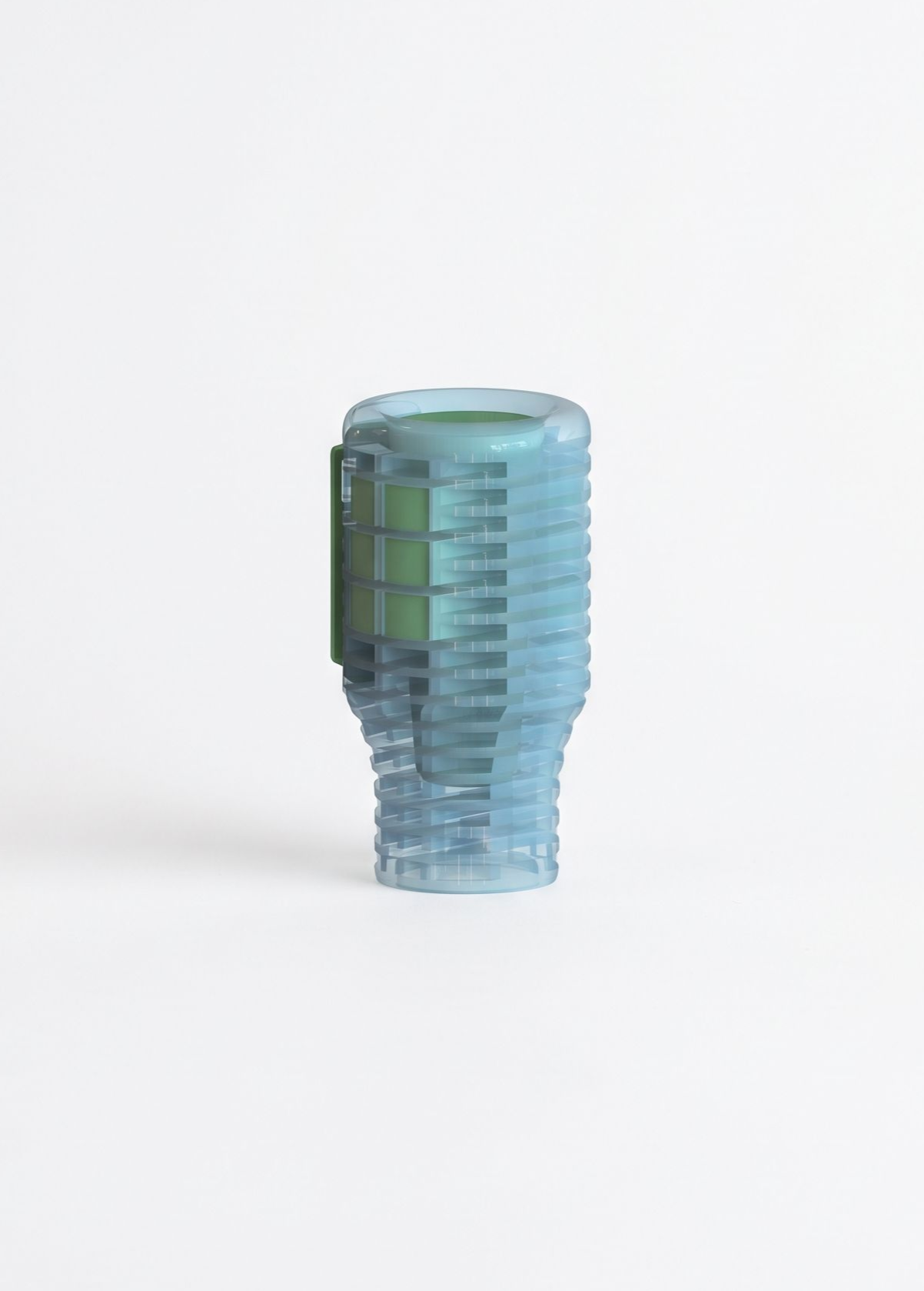 Translucent blue ribbed plastic air freshener on a plain white background