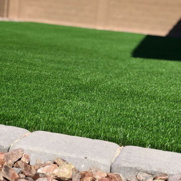 A close up of a lawn with a concrete curb and rocks.