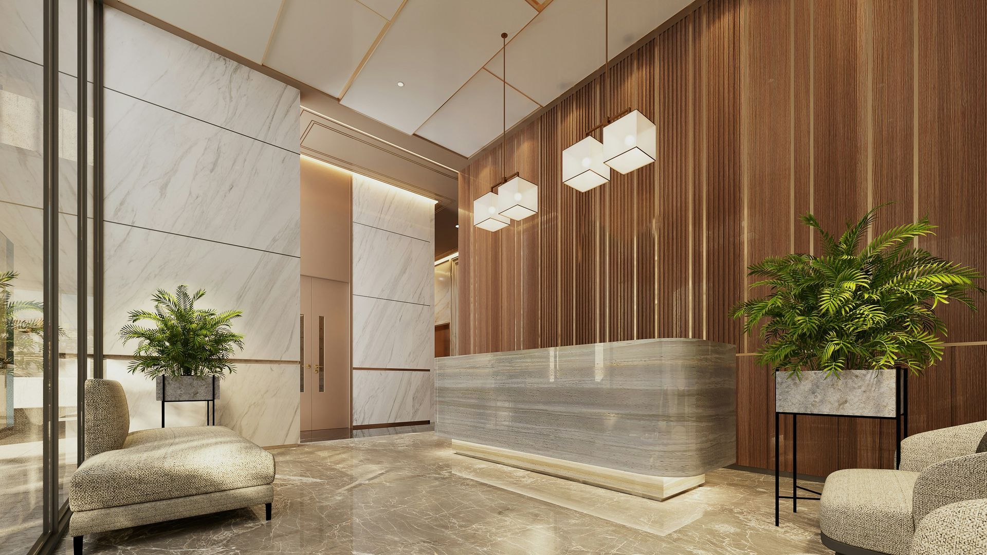 Lobby with marble and wood accents, plants, and a reception desk. Modern design, neutral colors.