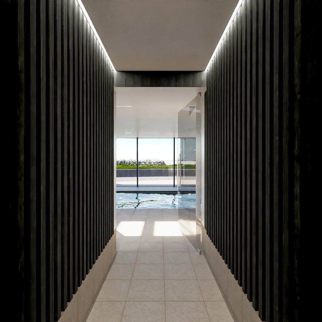 An artist 's impression of a hallway leading to a swimming pool.
