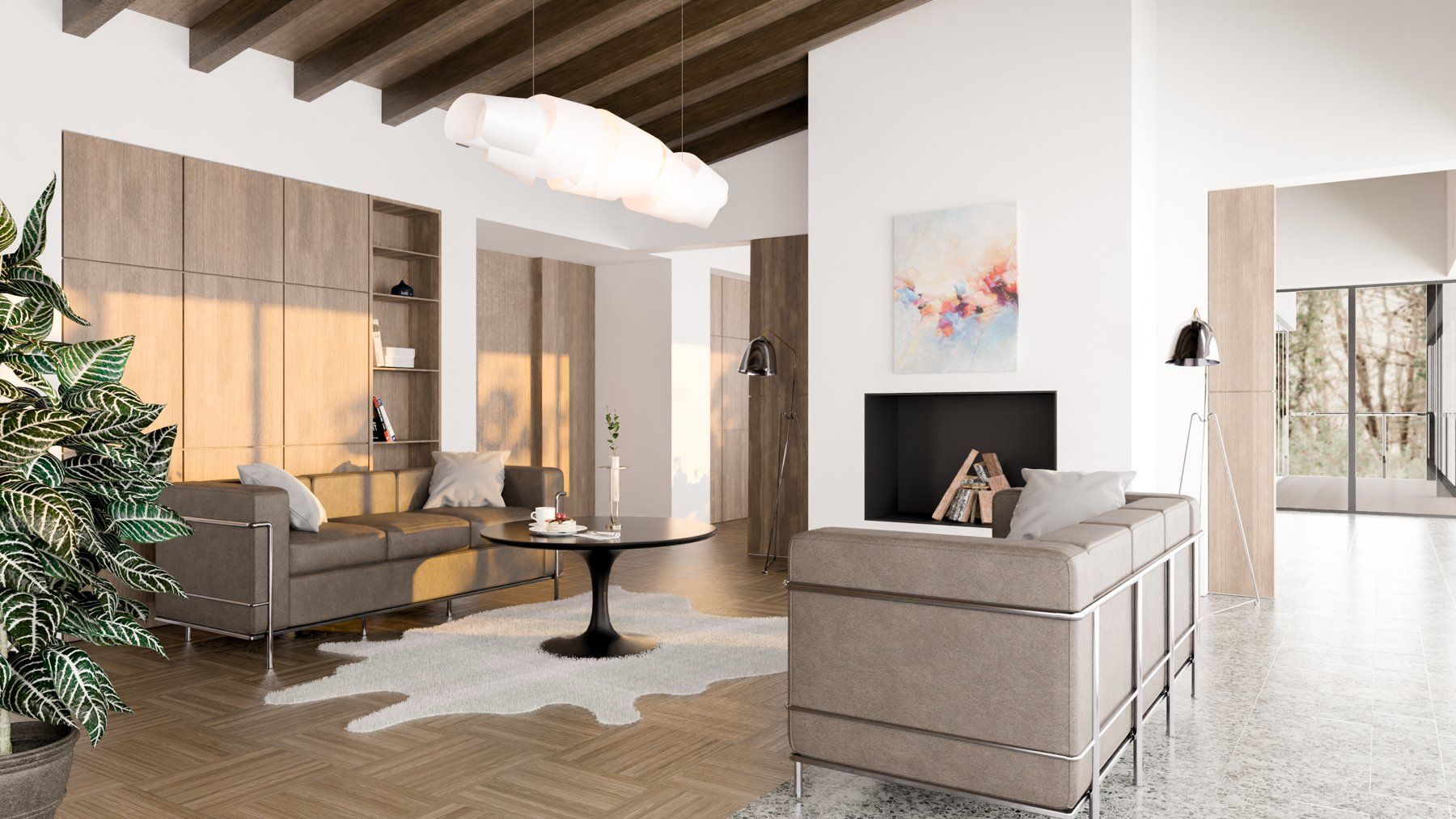 A modern living room with exposed joists, flooded with natural light.