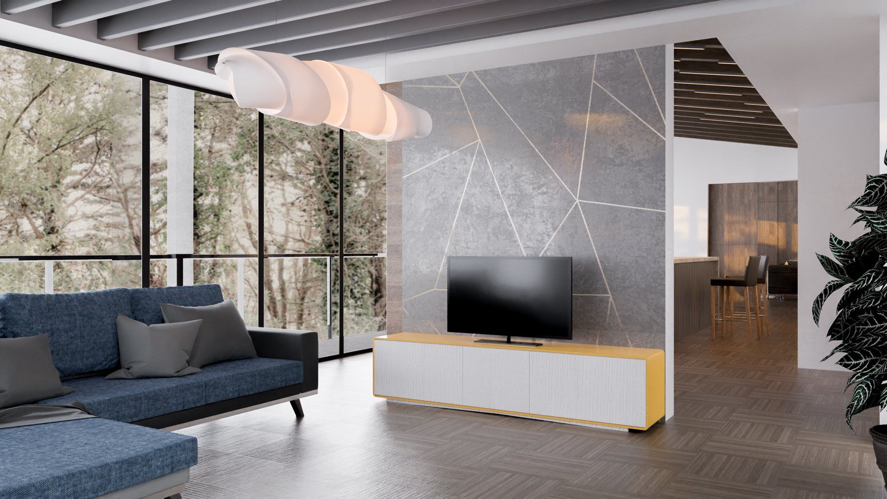 A modern living room with exposed joists, flooded with natural light.