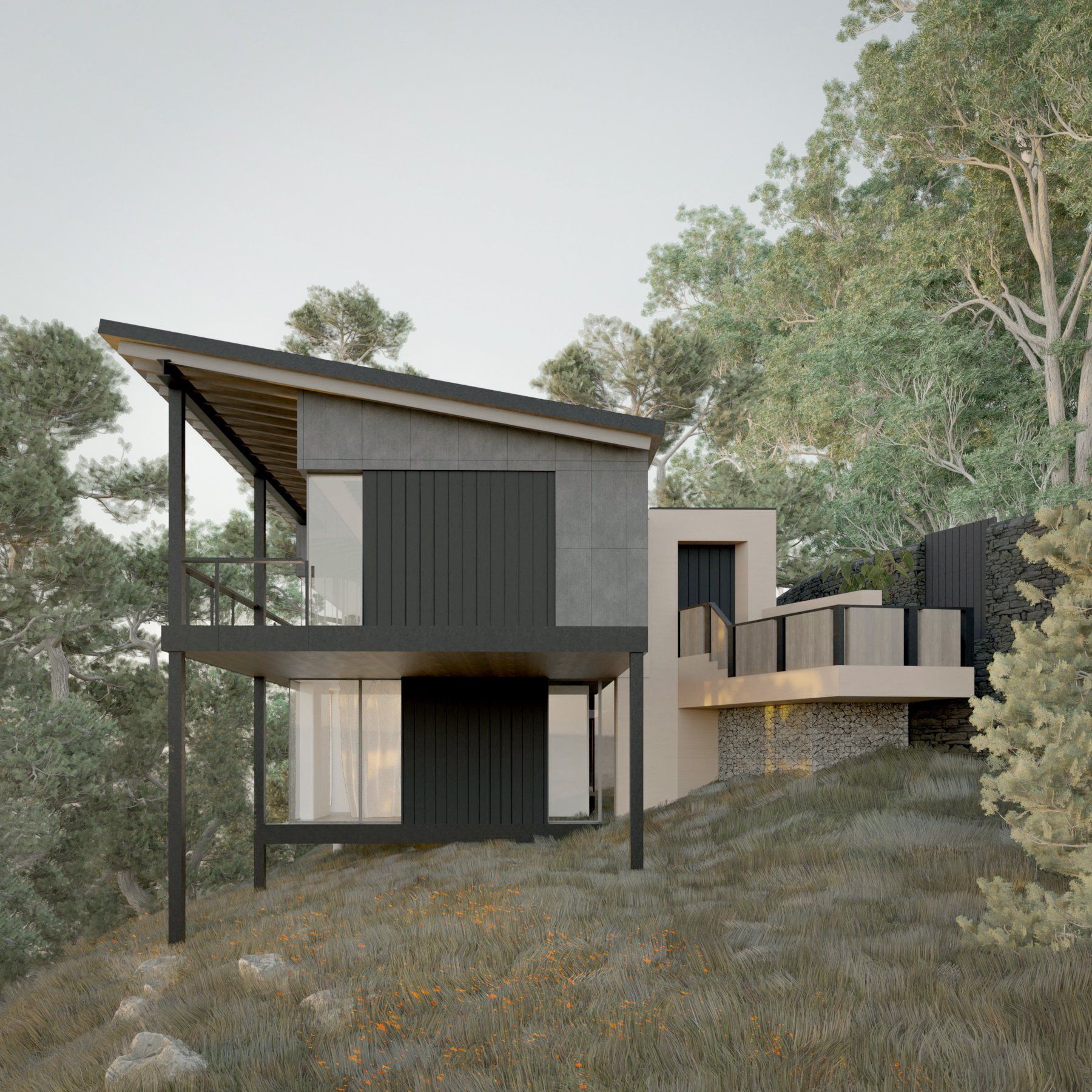 The outdoor terrace at a sensitive designed home in a woodland location