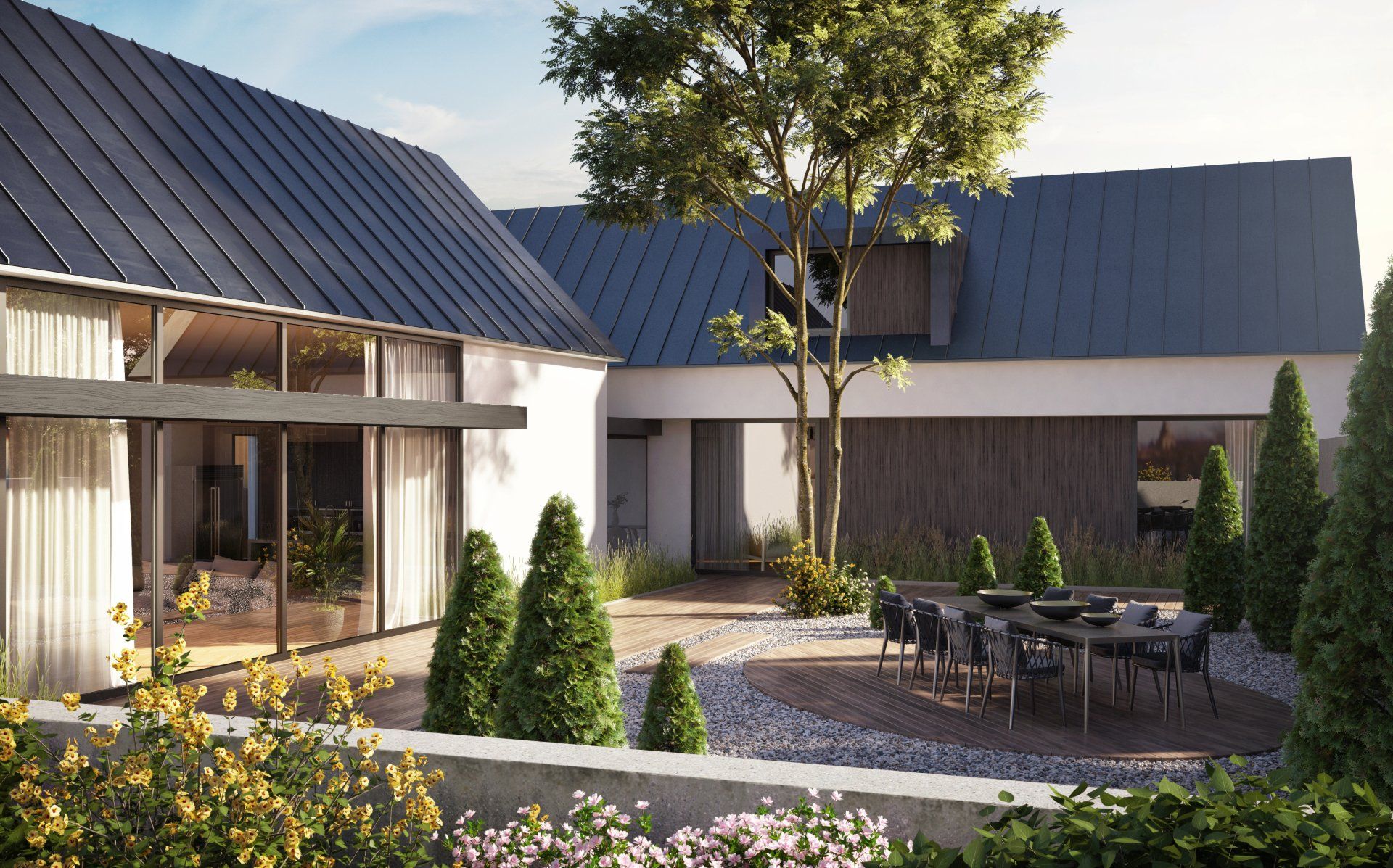 An artist 's impression of a modern house with a black roof.