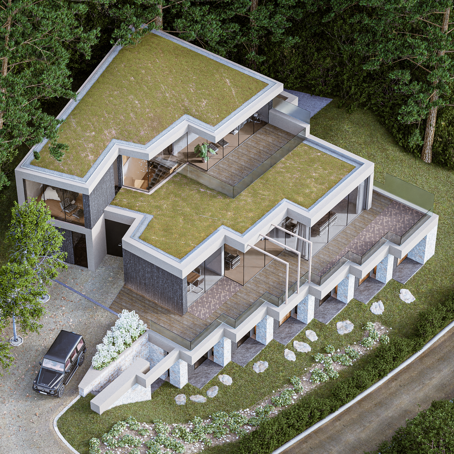 Stylish modern residence featuring verdant rooftop gardens and inviting terraces, merging urban living with natural beauty.