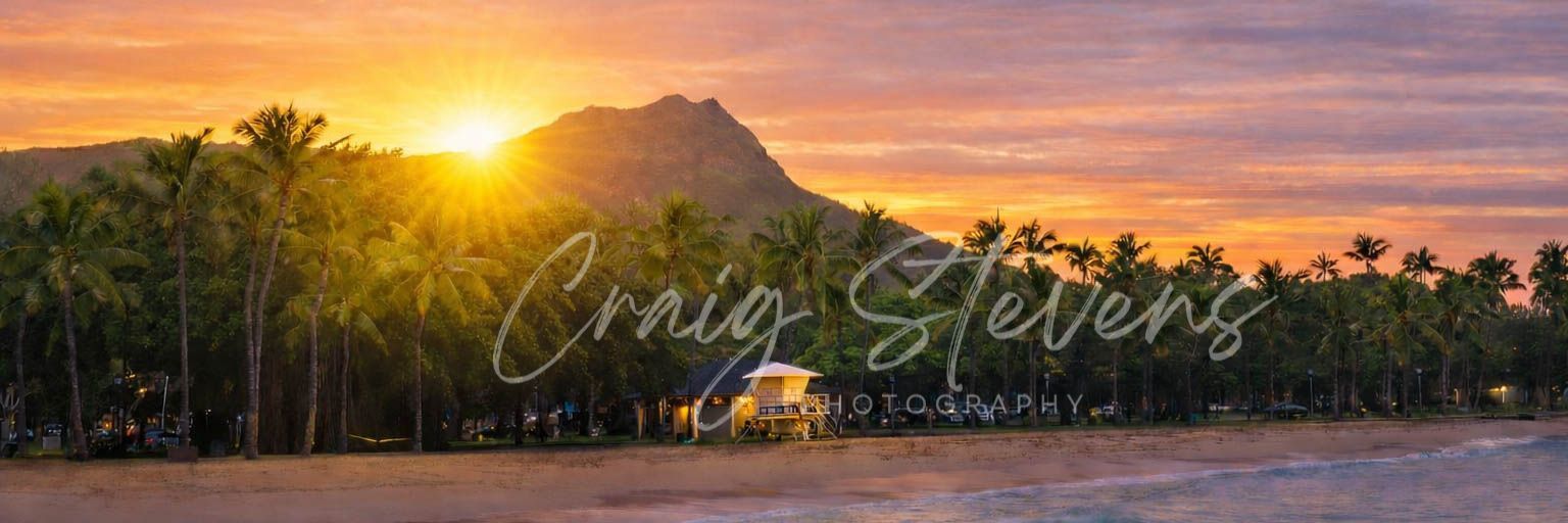 Sunset Over Palm Trees and Mountains with The Text Craig Stevens Across the Center — Craig Stevens Photography in Pearl Beach, NSW