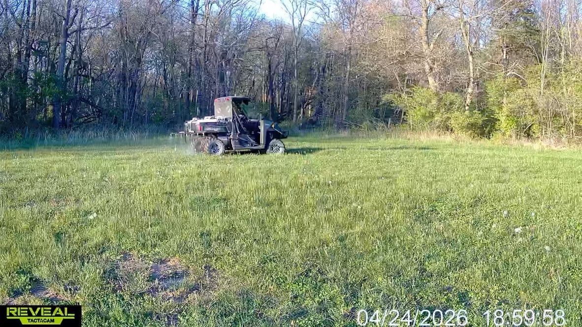 Small tractor in a green field with trees in the background