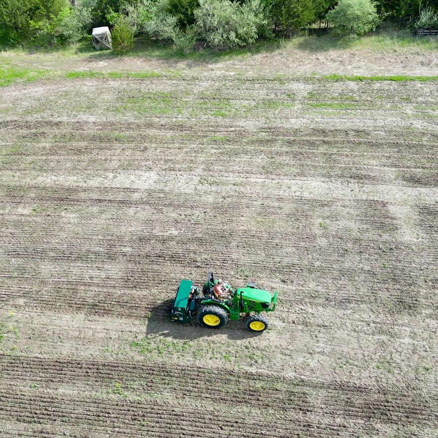 Green tractor mowing tall grass in a field, with trees in the background.
