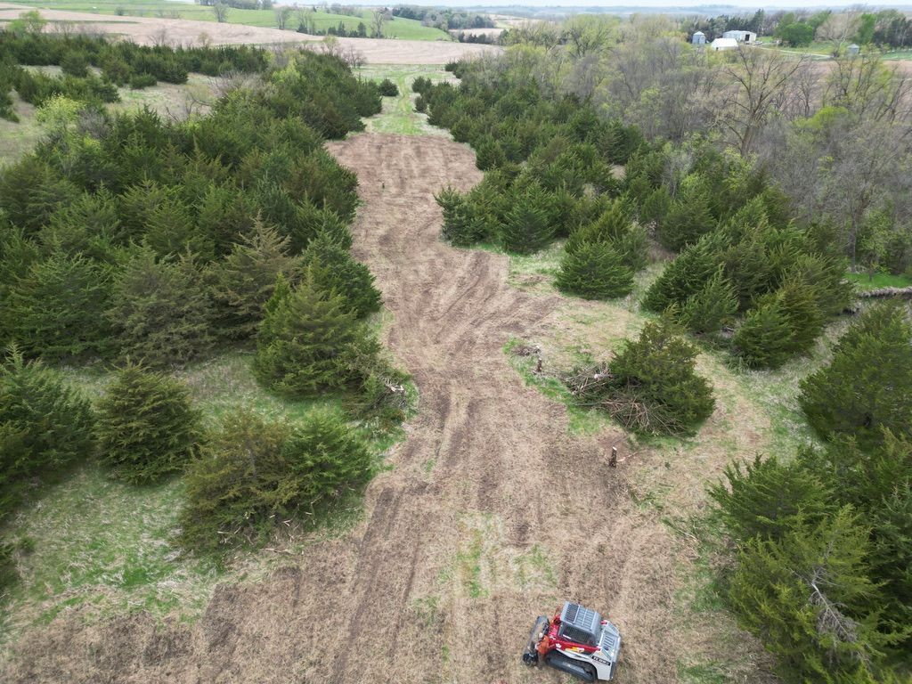 Aerial view of a dirt trail through green brush, with a red off-road vehicle at the bottom right.