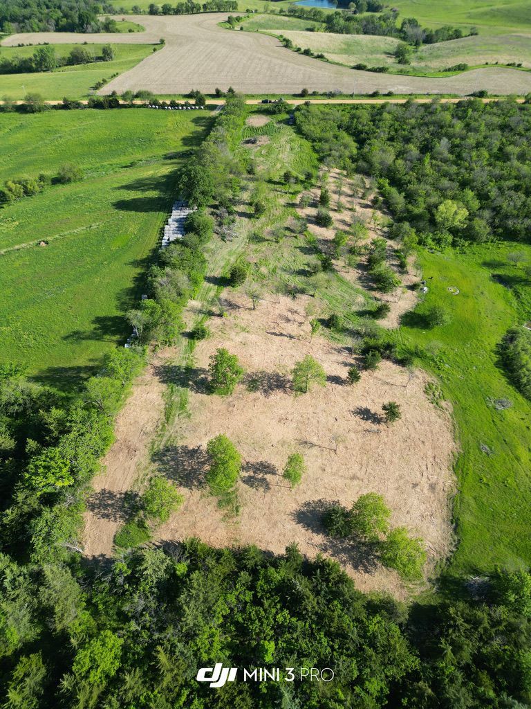 Aerial view of a patchy green field with dry tan areas and a narrow dirt track through the center.